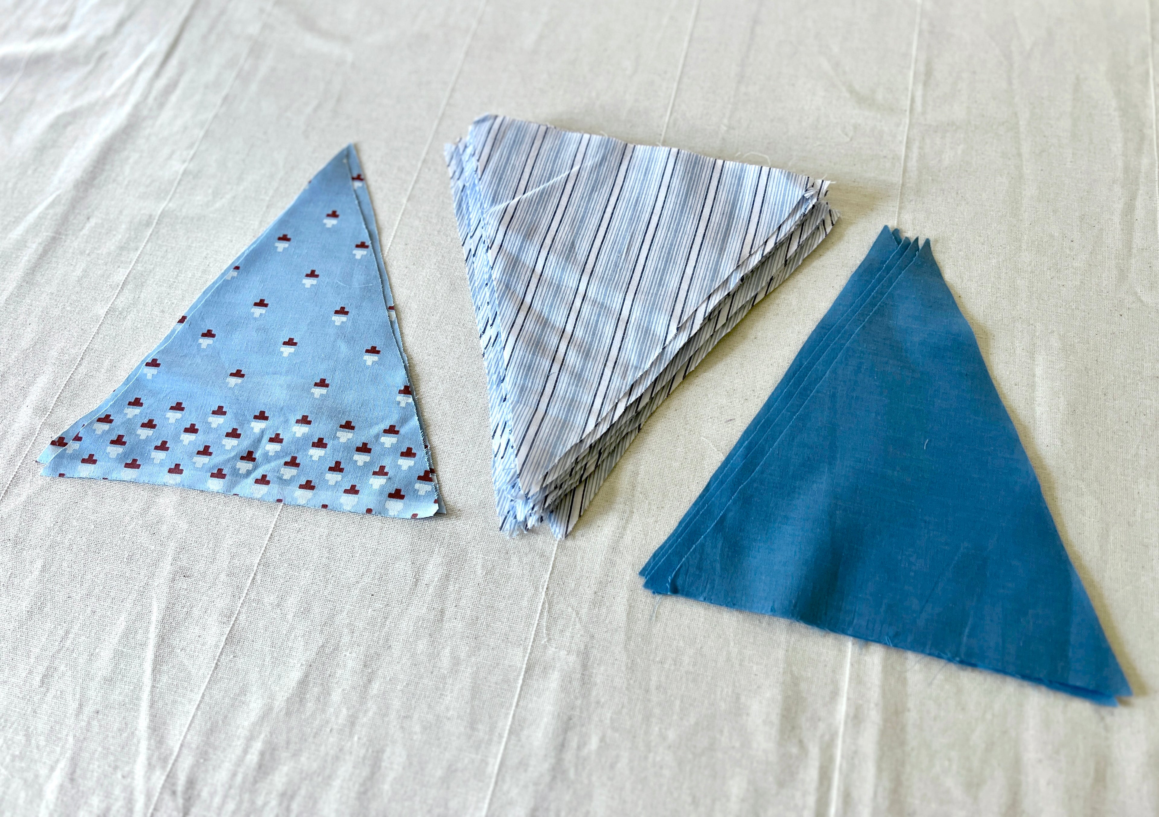 Blue Bunting Bundle — 38 Pre-Cut Cotton Triangles — Stripe, Print & Plain — Make Your Own