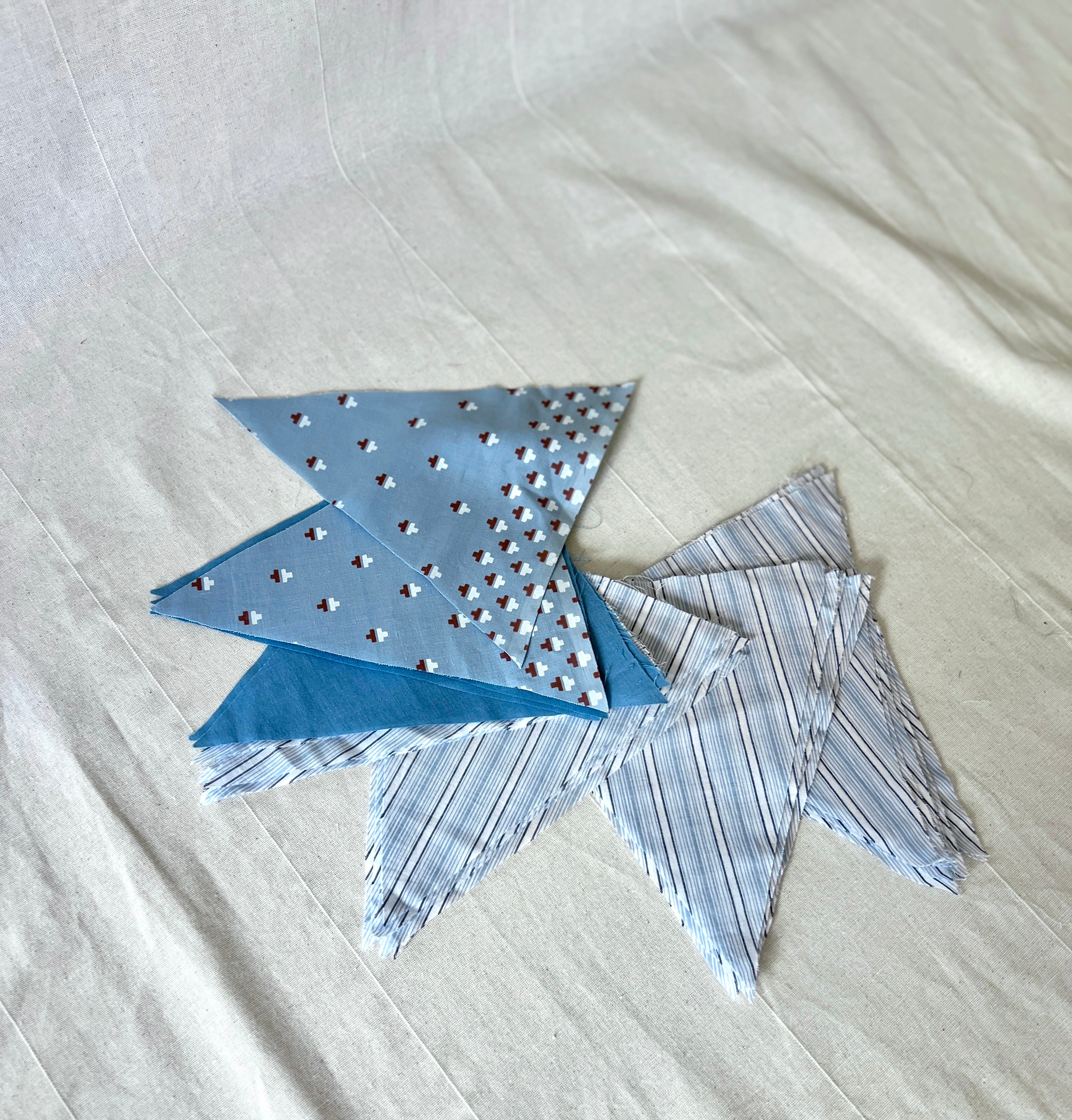 Blue Bunting Bundle — 38 Pre-Cut Cotton Triangles — Stripe, Print & Plain — Make Your Own