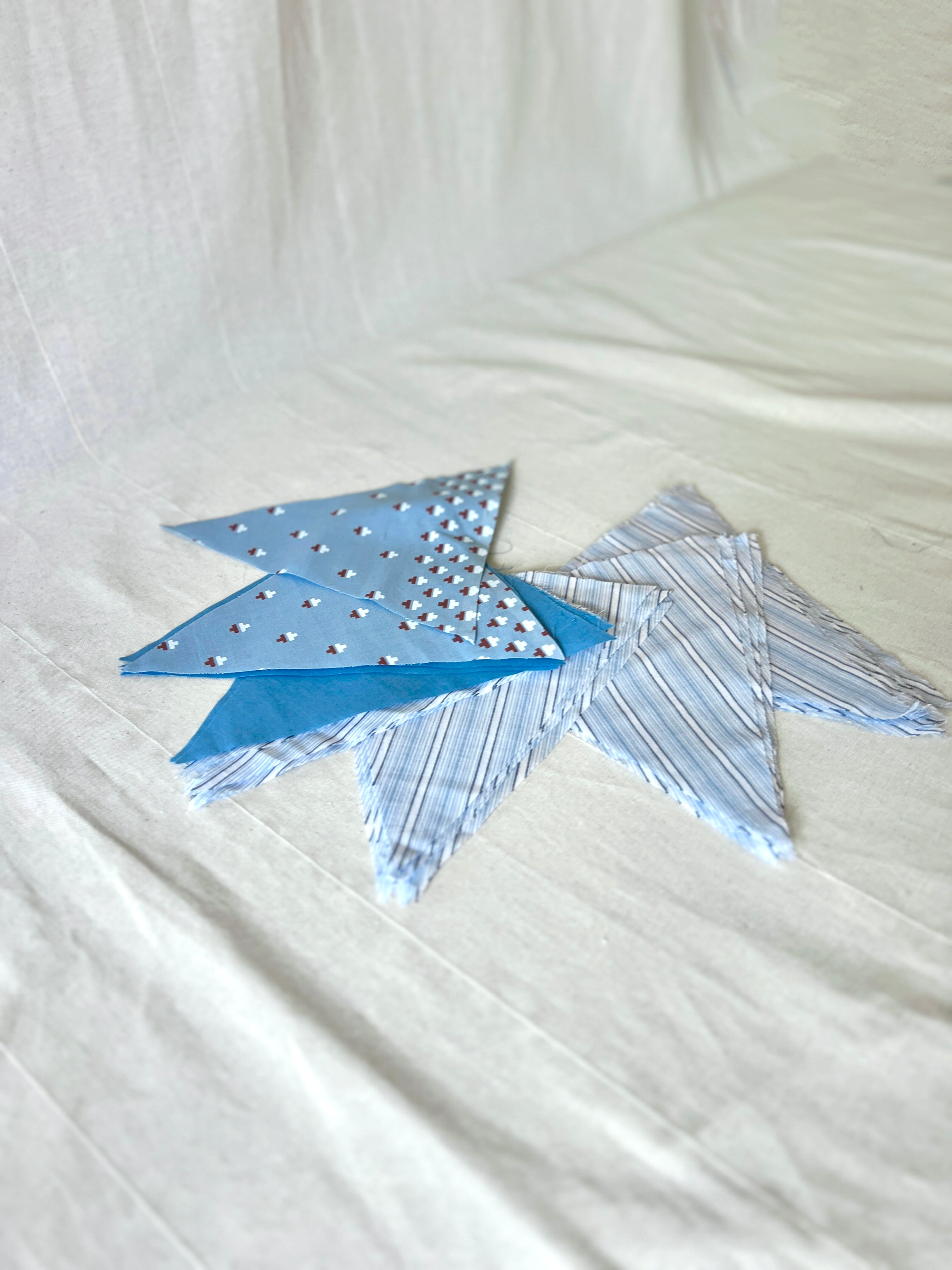 Blue Bunting Bundle — 38 Pre-Cut Cotton Triangles — Stripe, Print & Plain — Make Your Own