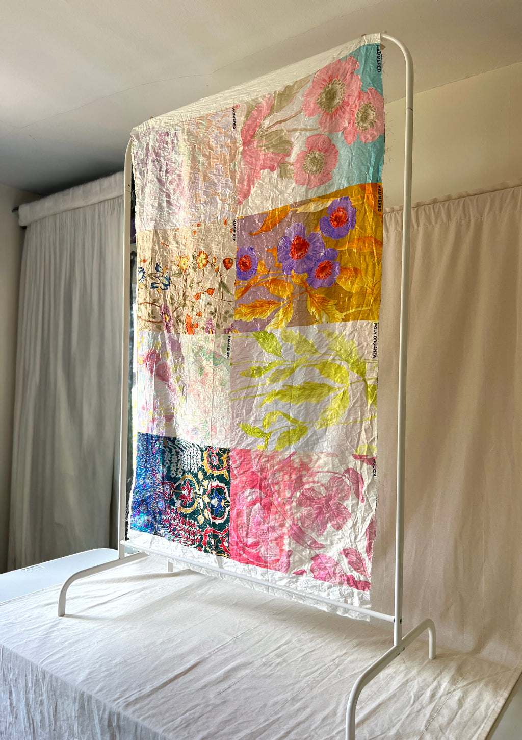 Poly Organza Designer Fabric — Hammered Texture — Floral Colour Block Print — One Off Cut