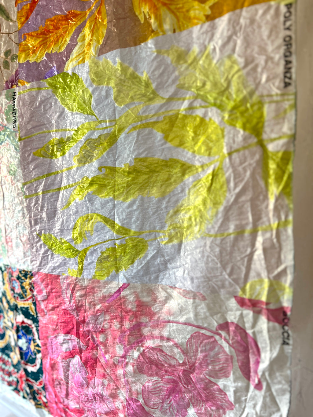 Poly Organza Designer Fabric — Hammered Texture — Floral Colour Block Print — One Off Cut