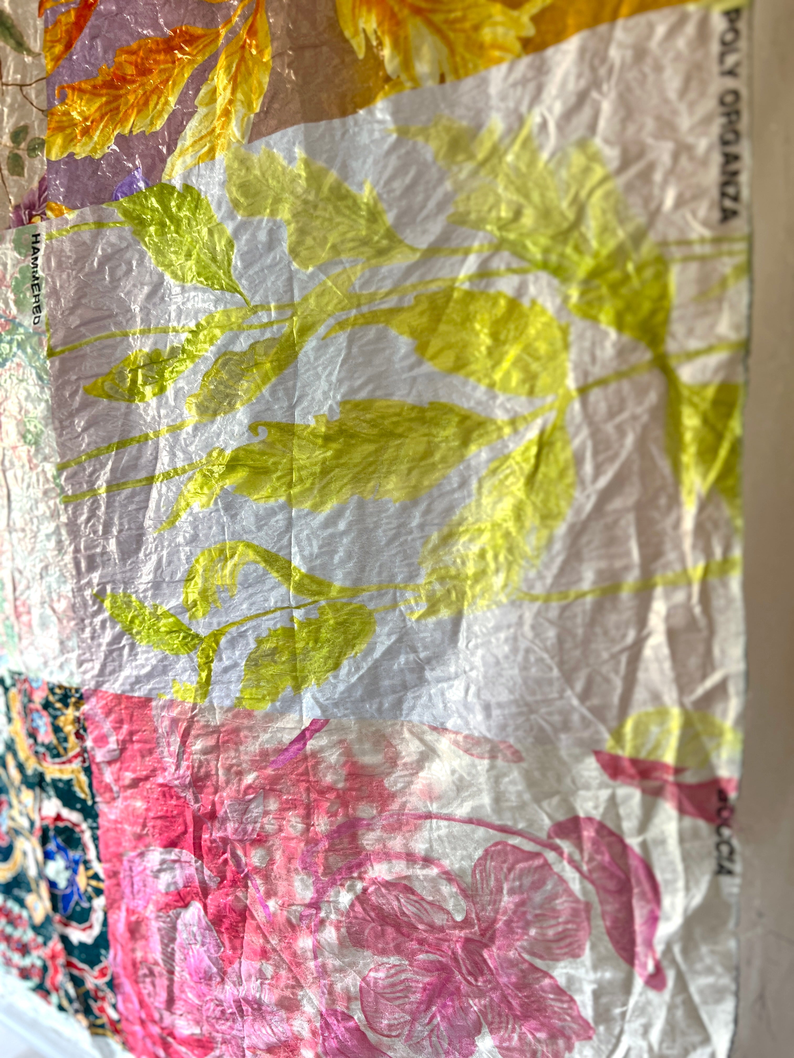 Poly Organza Designer Fabric — Hammered Texture — Floral Colour Block Print — One Off Cut