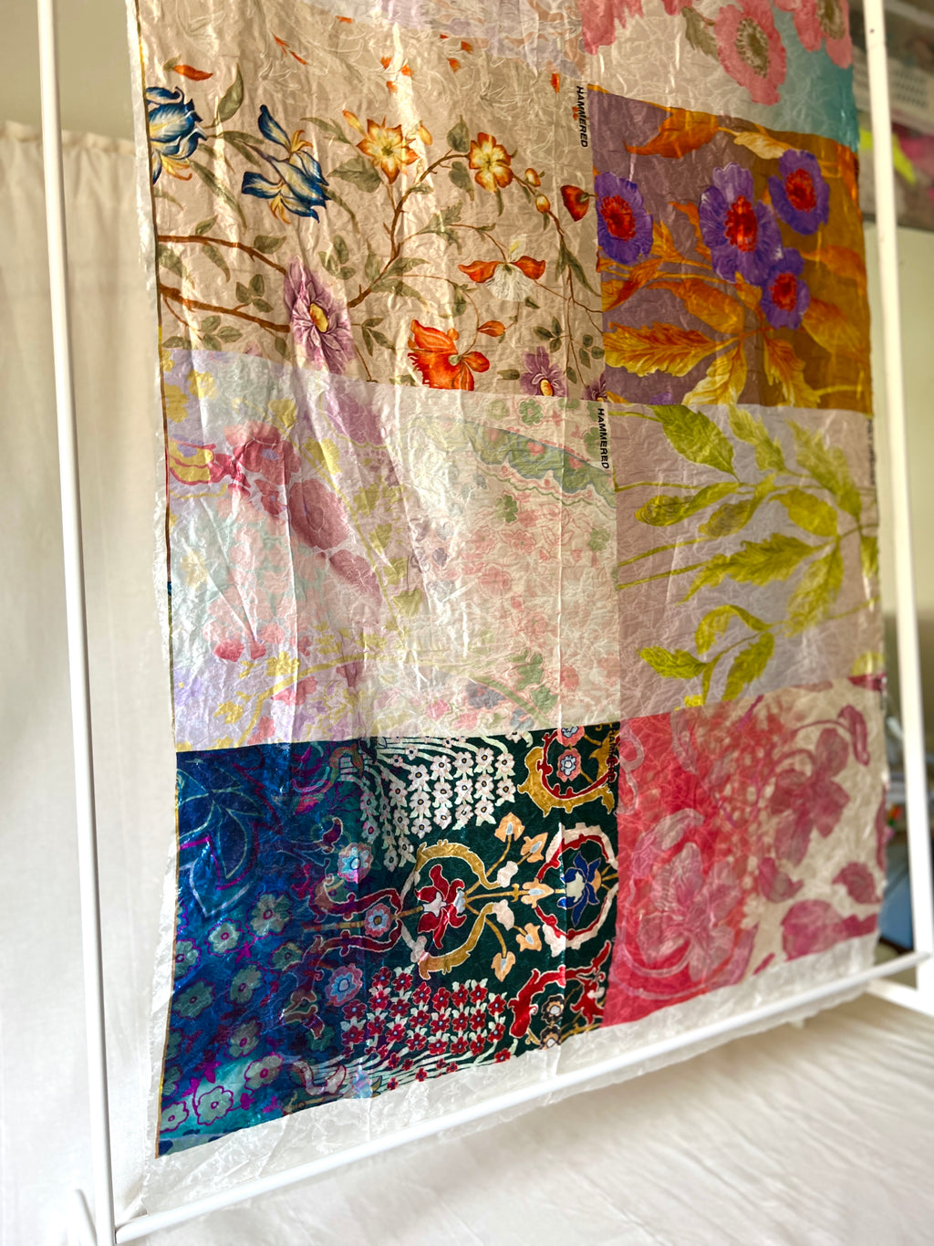 Poly Organza Designer Fabric — Hammered Texture — Floral Colour Block Print — One Off Cut