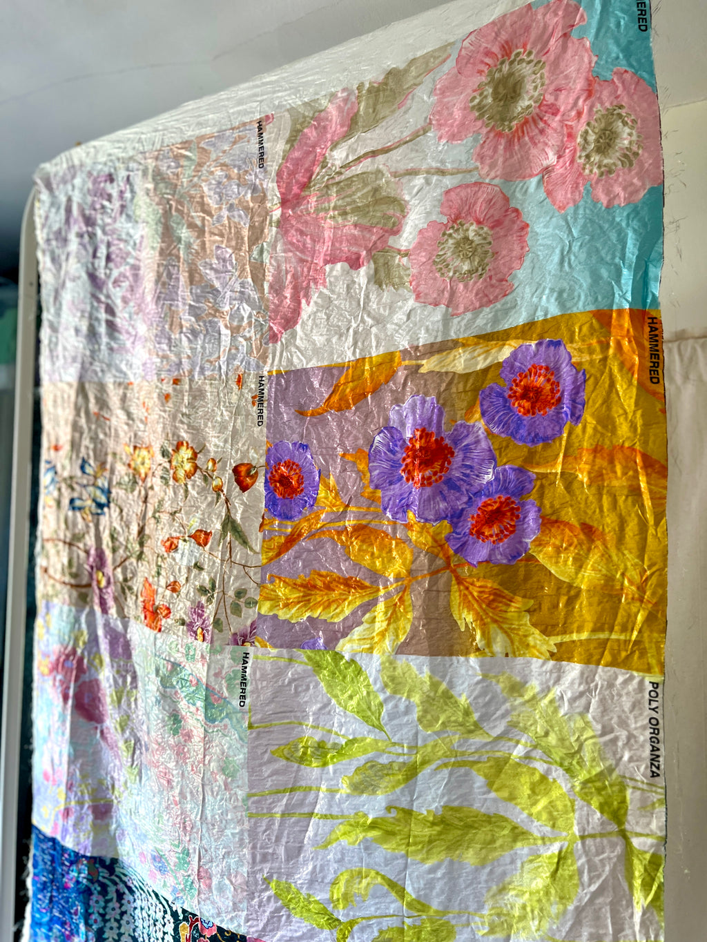 Poly Organza Designer Fabric — Hammered Texture — Floral Colour Block Print — One Off Cut