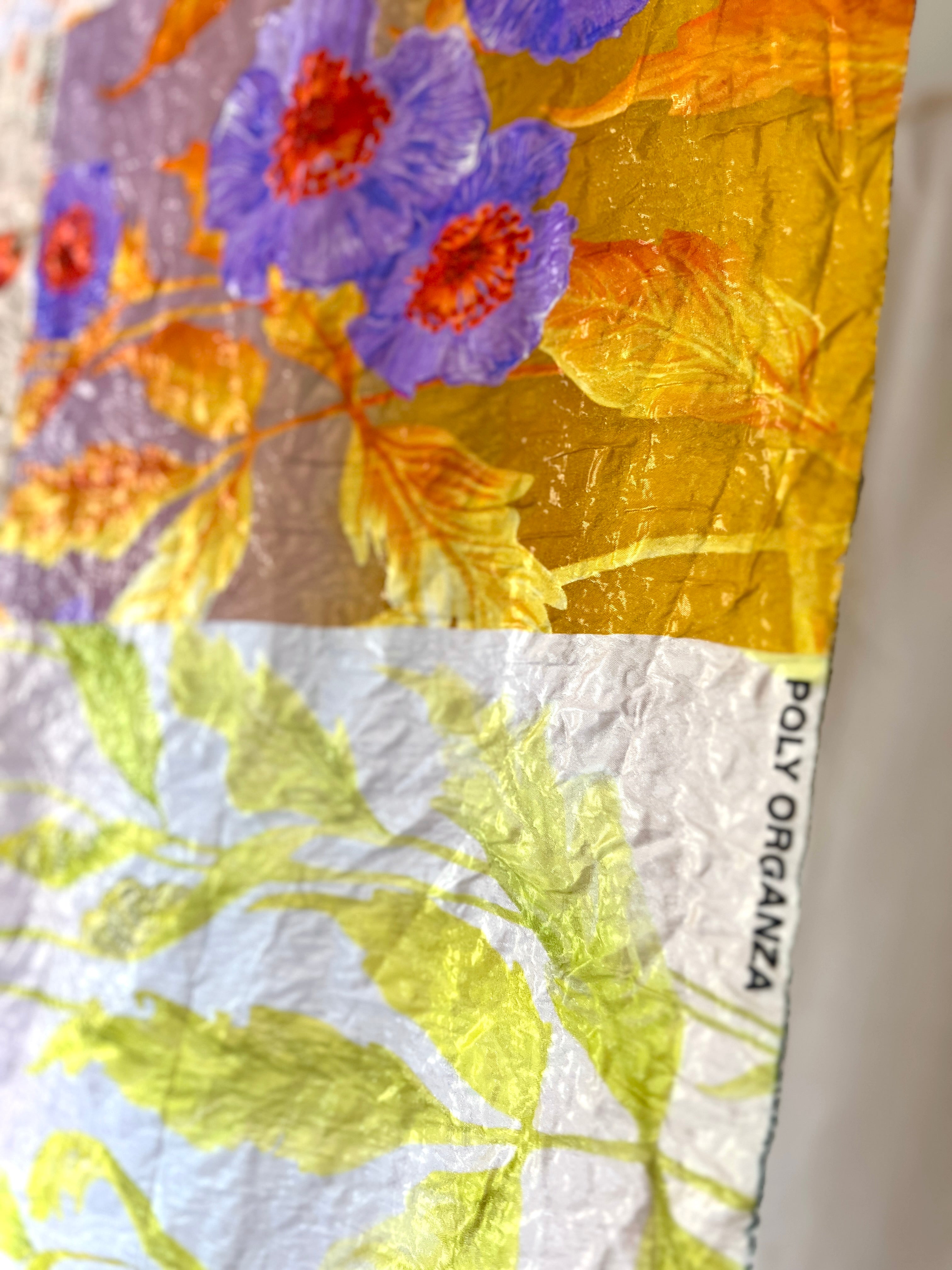 Poly Organza Designer Fabric — Hammered Texture — Floral Colour Block Print — One Off Cut