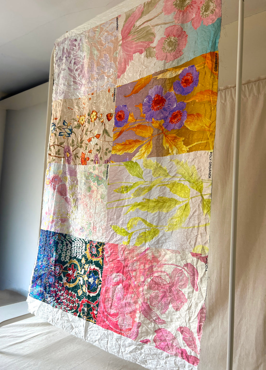 Poly Organza Designer Fabric — Hammered Texture — Floral Colour Block Print — One Off Cut