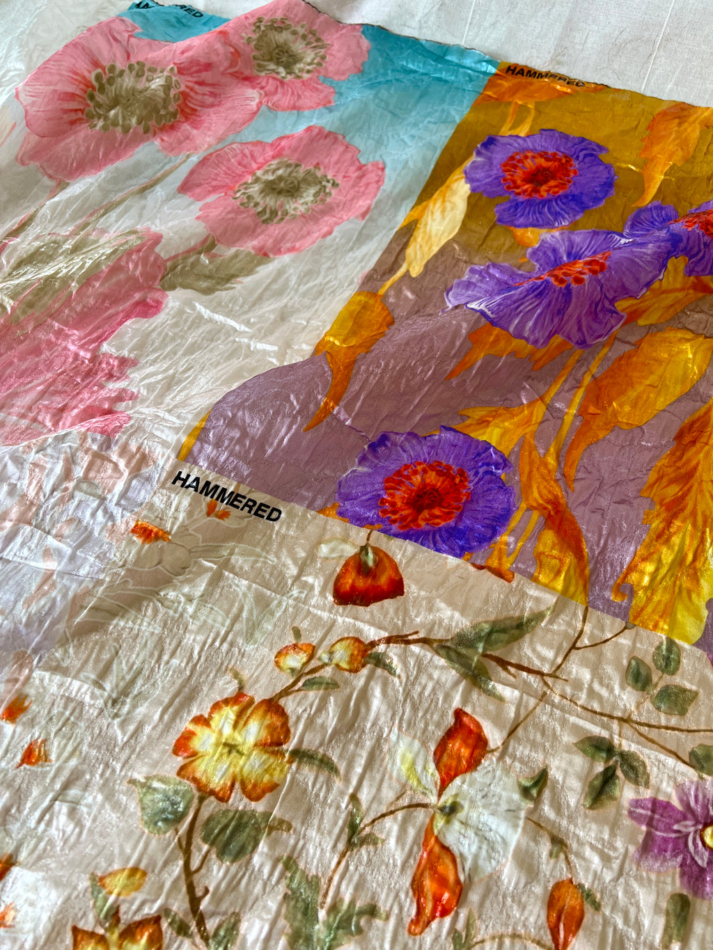 Poly Organza Designer Fabric — Hammered Texture — Floral Colour Block Print — One Off Cut