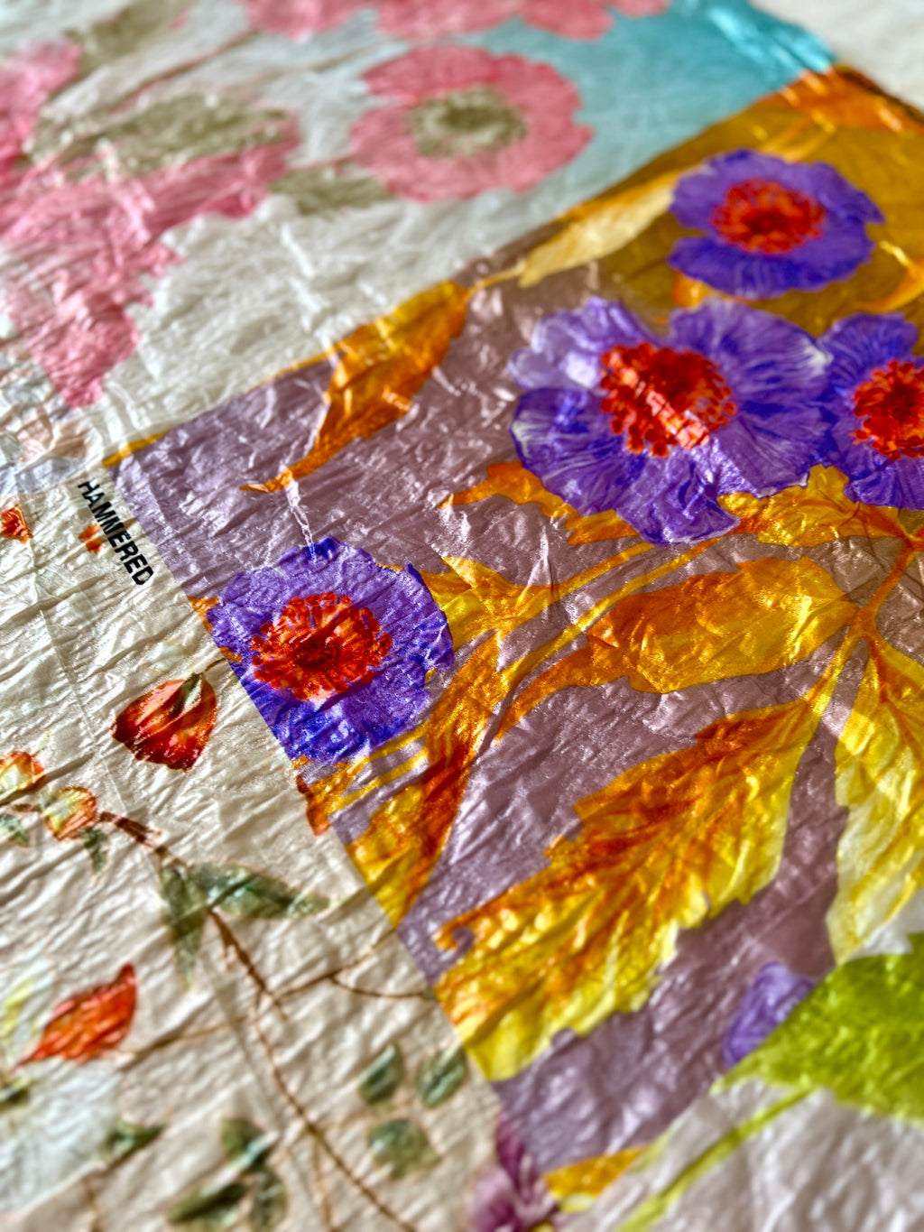 Poly Organza Designer Fabric — Hammered Texture — Floral Colour Block Print — One Off Cut