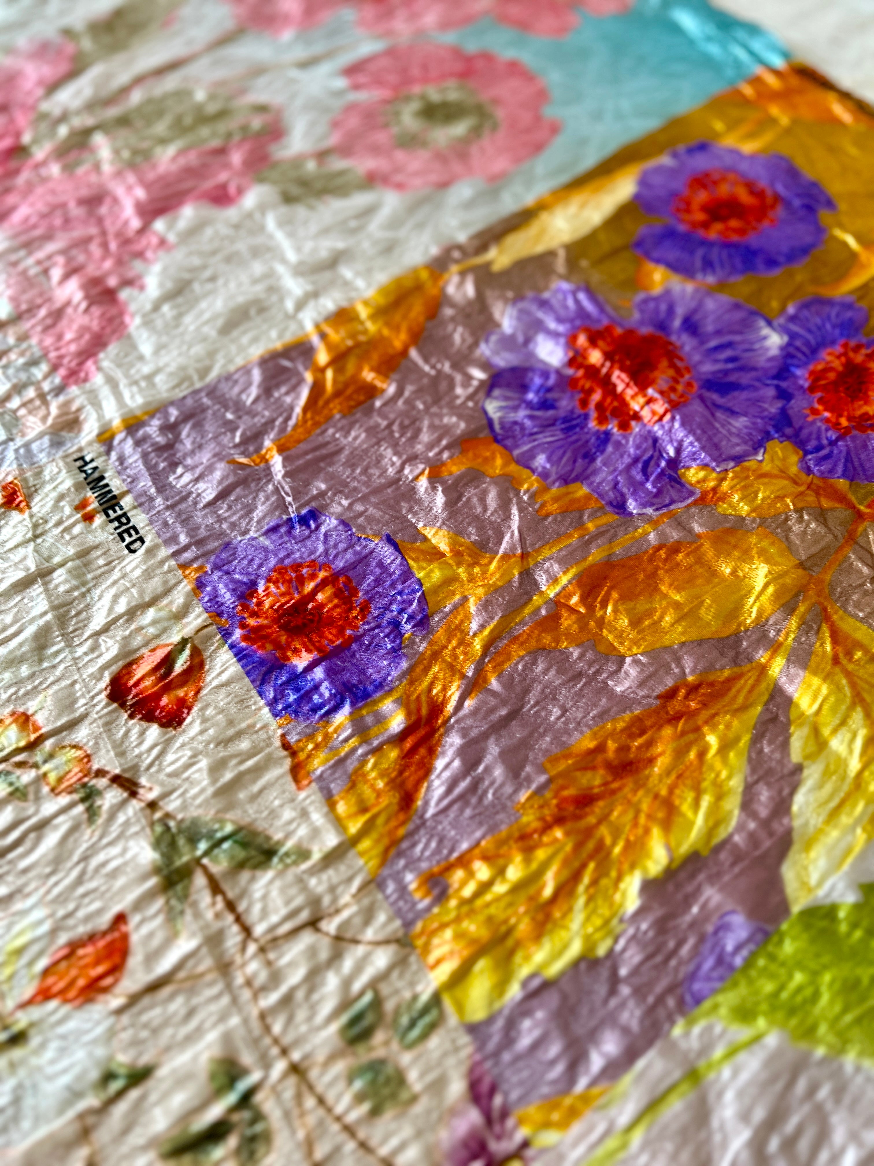 Poly Organza Designer Fabric — Hammered Texture — Floral Colour Block Print — One Off Cut