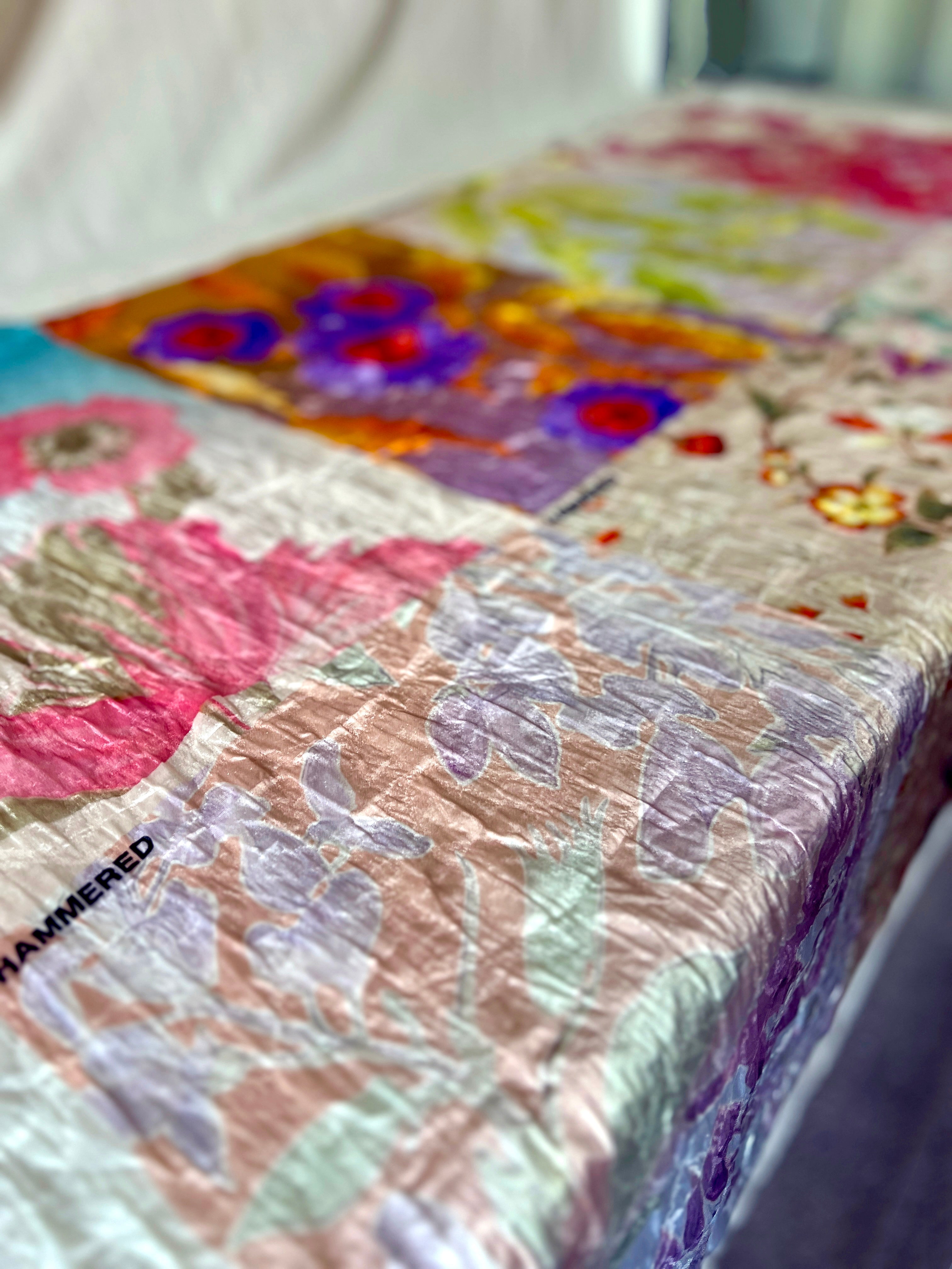 Poly Organza Designer Fabric — Hammered Texture — Floral Colour Block Print — One Off Cut