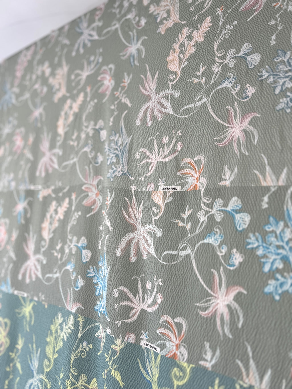 96% Silk Designer Fabric — Botanical Scatter Print — Sage Green & Duck Egg — One Off Cut