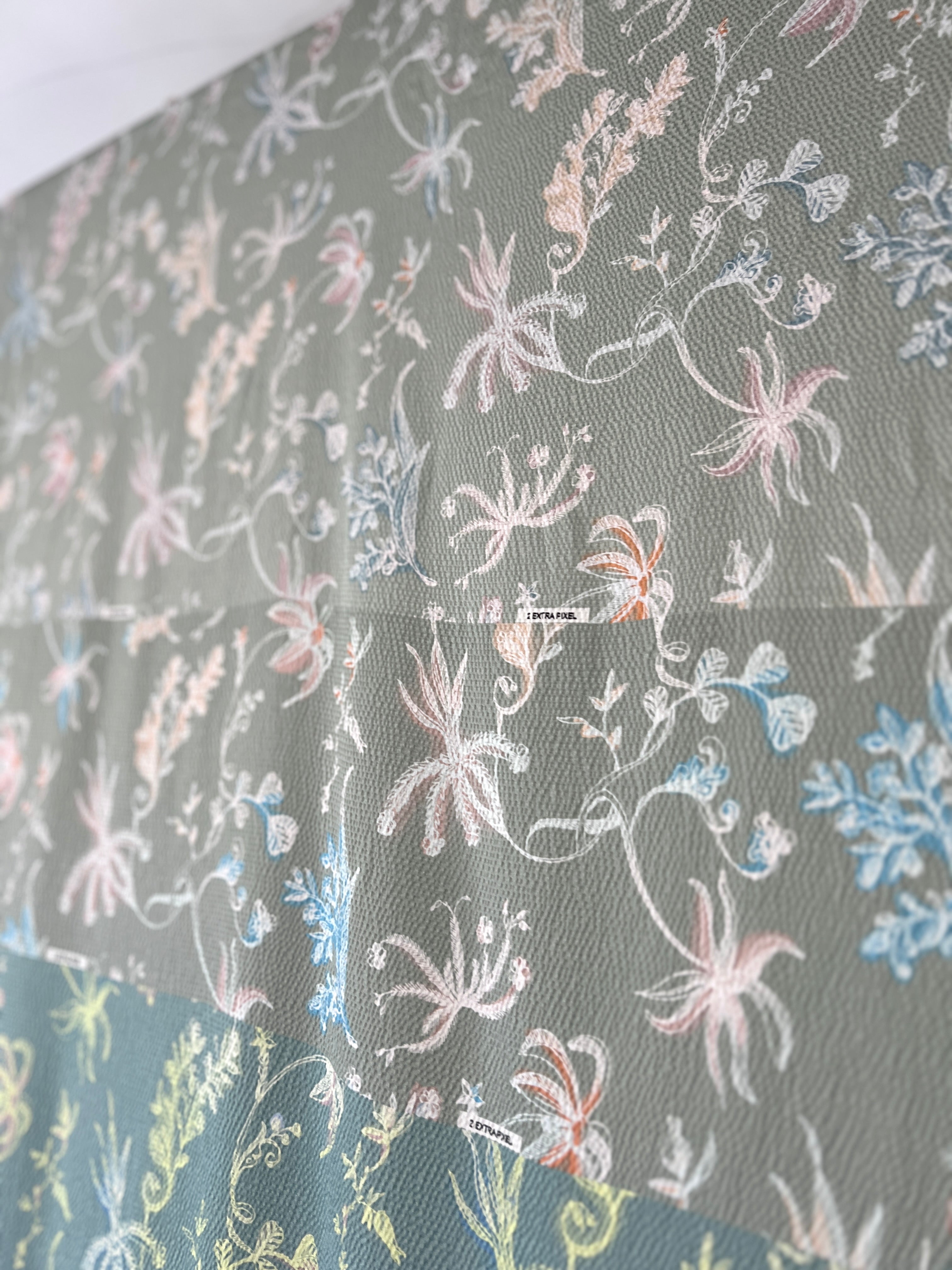 96% Silk Designer Fabric — Botanical Scatter Print — Sage Green & Duck Egg — One Off Cut