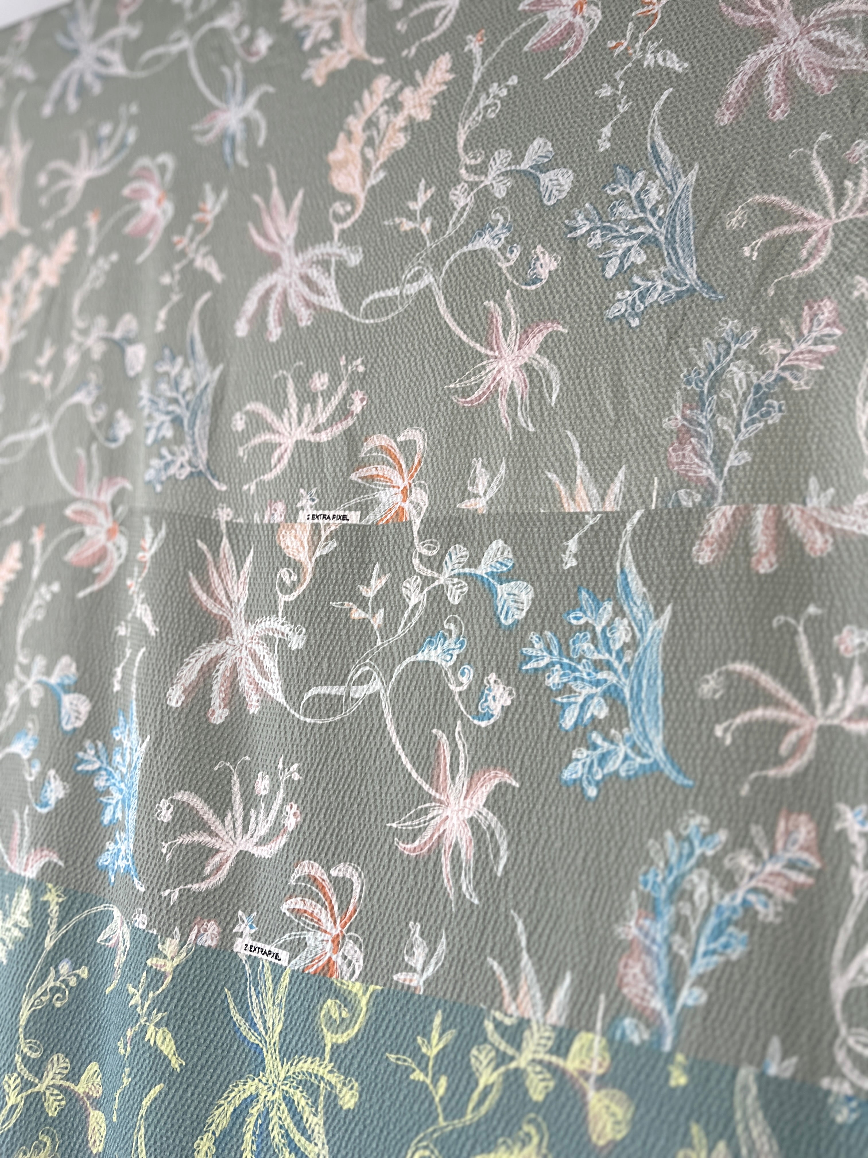 96% Silk Designer Fabric — Botanical Scatter Print — Sage Green & Duck Egg — One Off Cut