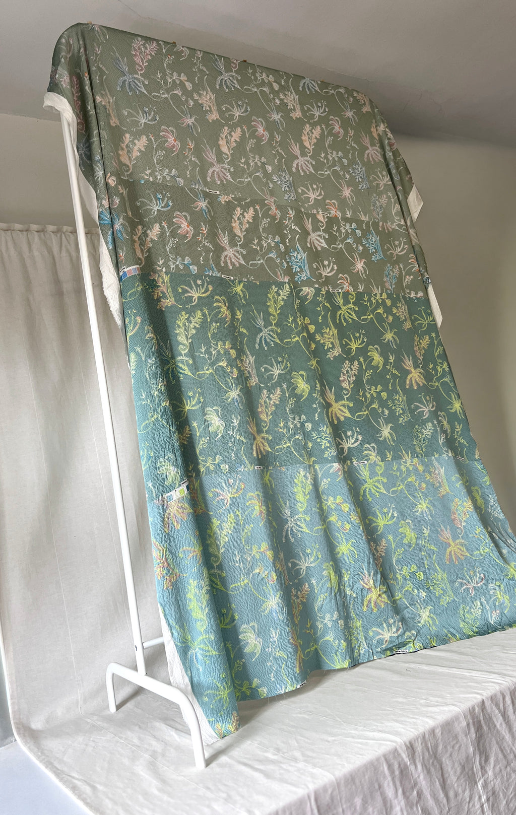 96% Silk Designer Fabric — Botanical Scatter Print — Sage Green & Duck Egg — One Off Cut