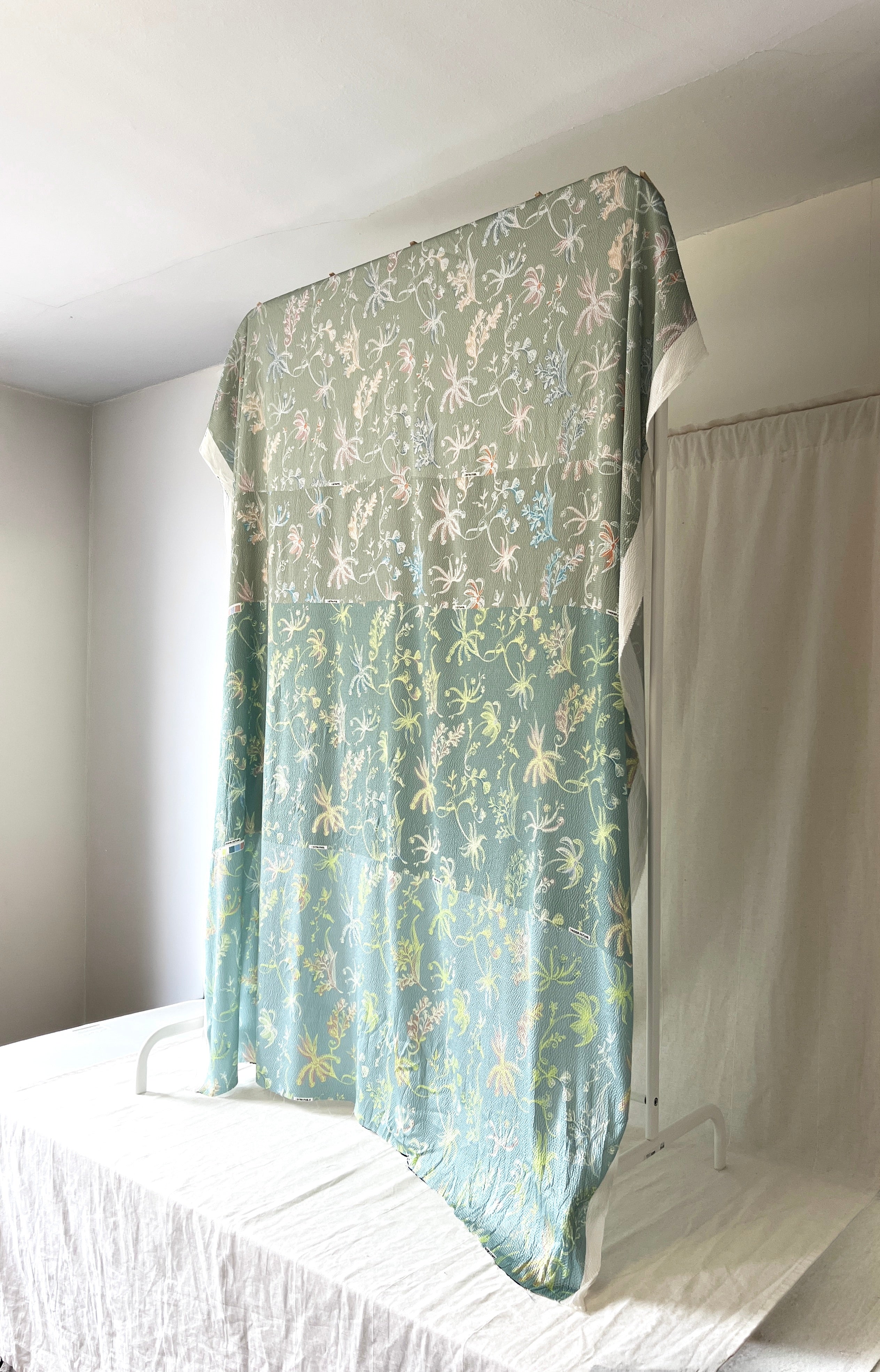 96% Silk Designer Fabric — Botanical Scatter Print — Sage Green & Duck Egg — One Off Cut