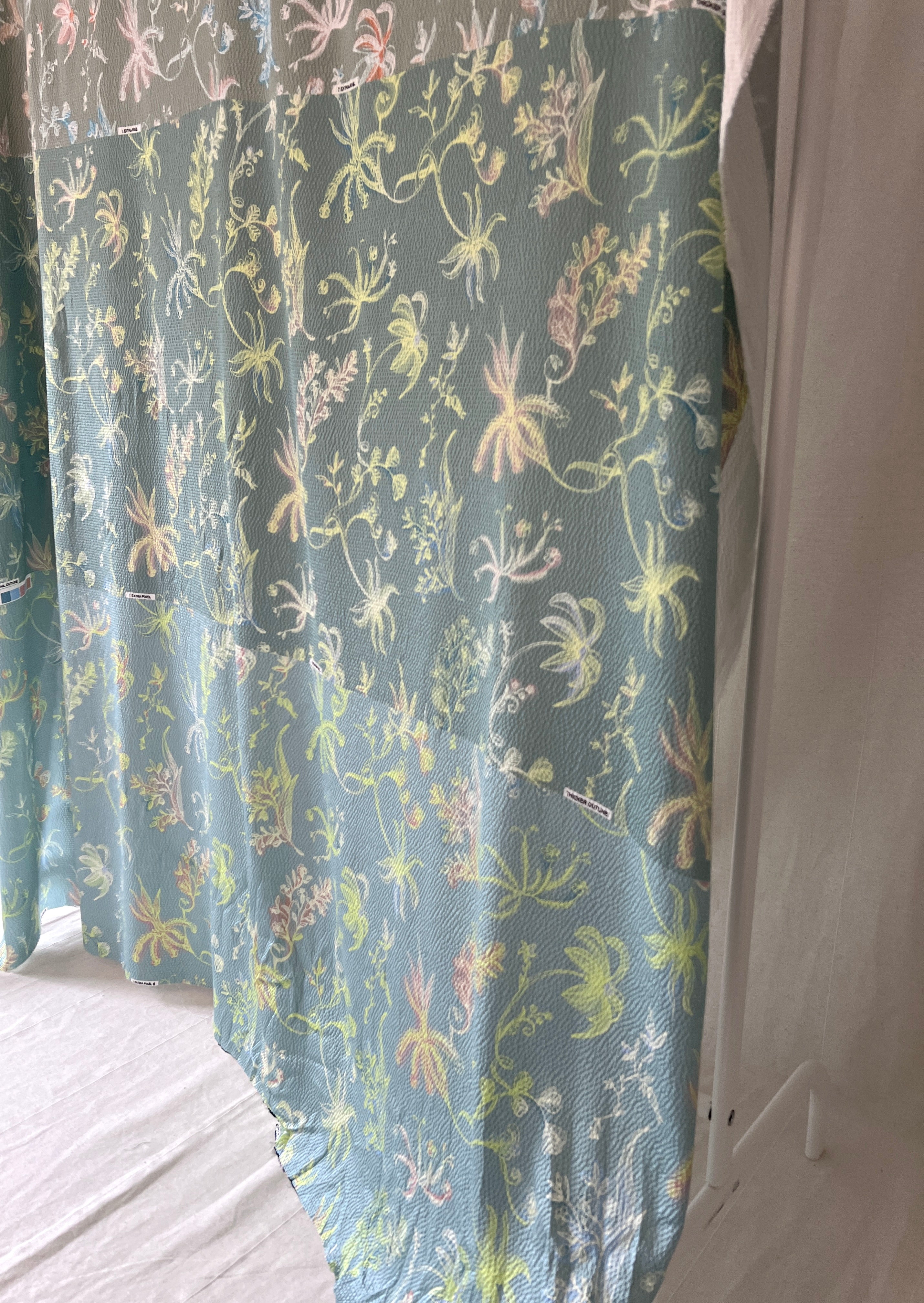 96% Silk Designer Fabric — Botanical Scatter Print — Sage Green & Duck Egg — One Off Cut