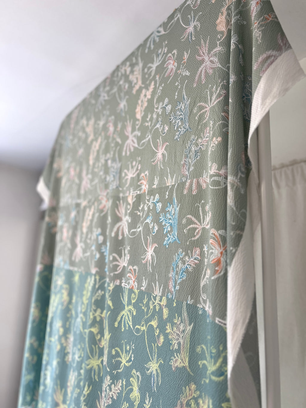 96% Silk Designer Fabric — Botanical Scatter Print — Sage Green & Duck Egg — One Off Cut