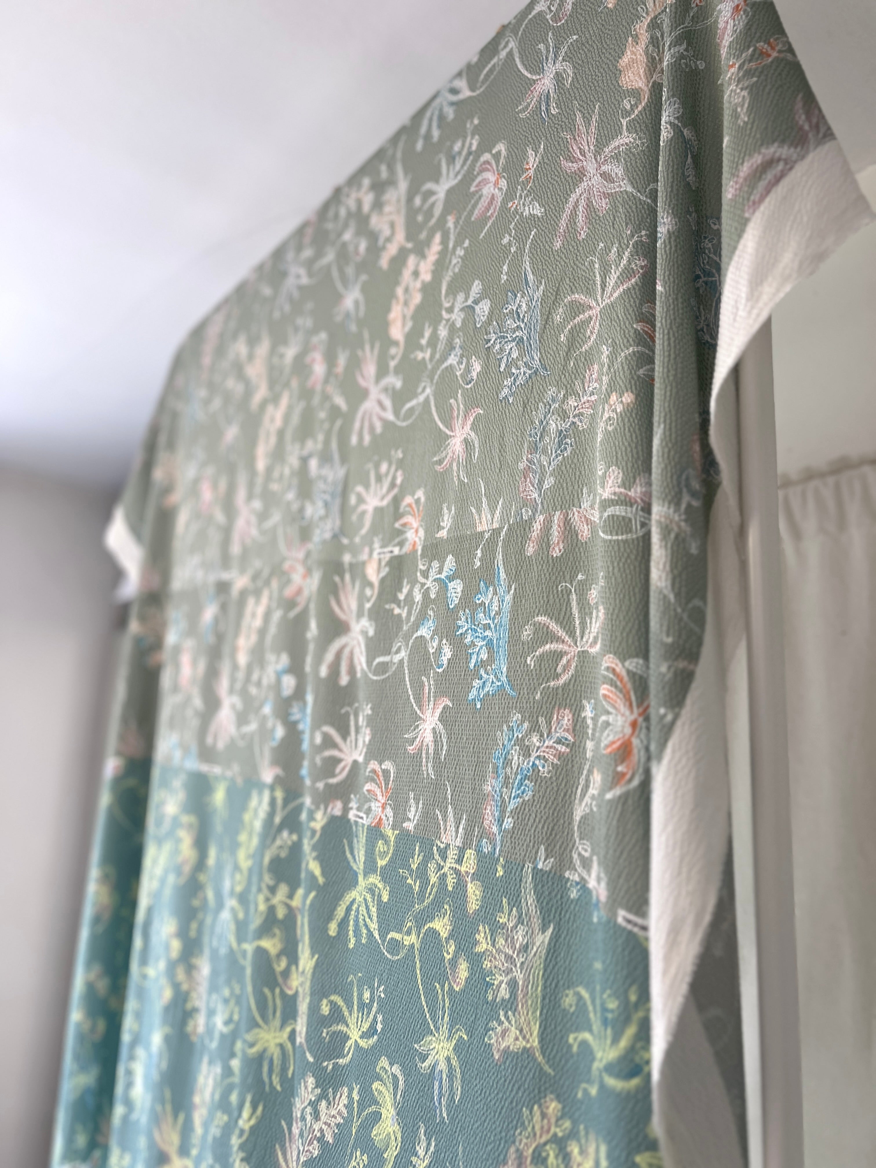 96% Silk Designer Fabric — Botanical Scatter Print — Sage Green & Duck Egg — One Off Cut