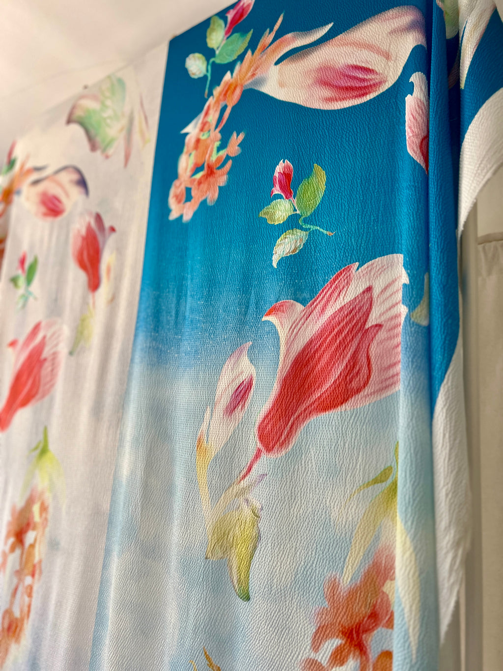 96% Silk Crinkle Fabric — Watercolour Floral Print — Italian Luxury Mill Fabric — Sky Blue & White