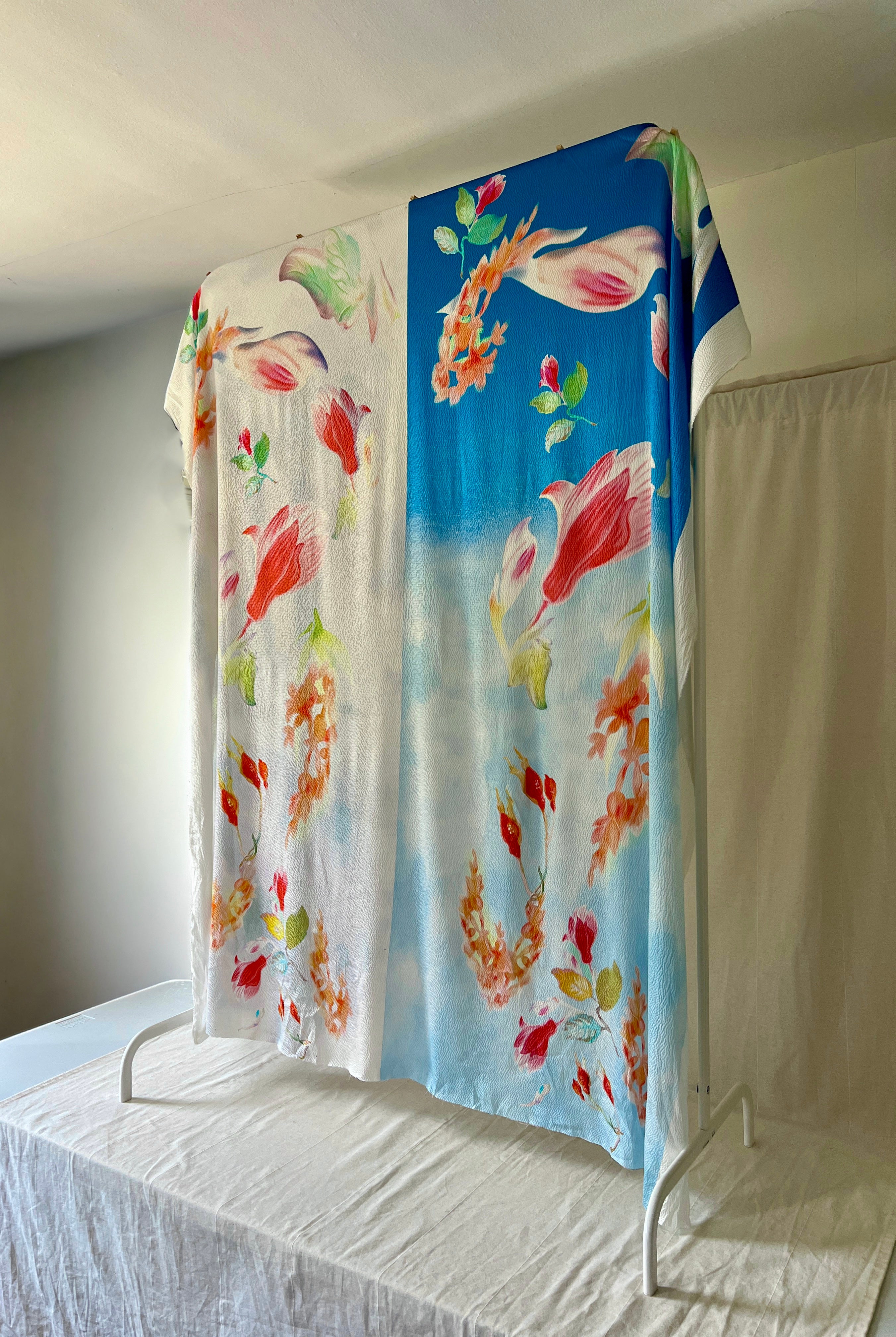 96% Silk Crinkle Fabric — Watercolour Floral Print — Italian Luxury Mill Fabric — Sky Blue & White