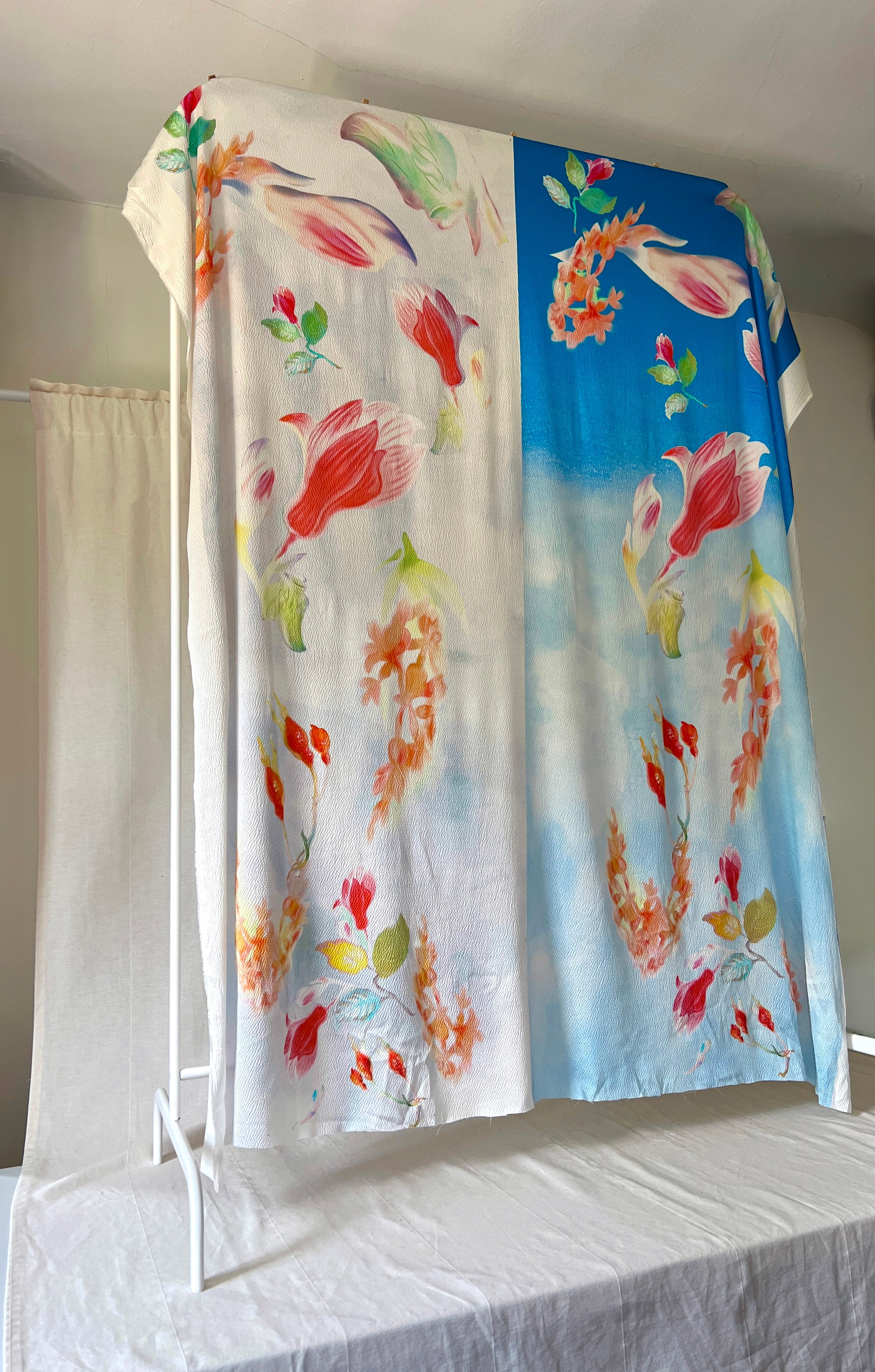 96% Silk Crinkle Fabric — Watercolour Floral Print — Italian Luxury Mill Fabric — Sky Blue & White