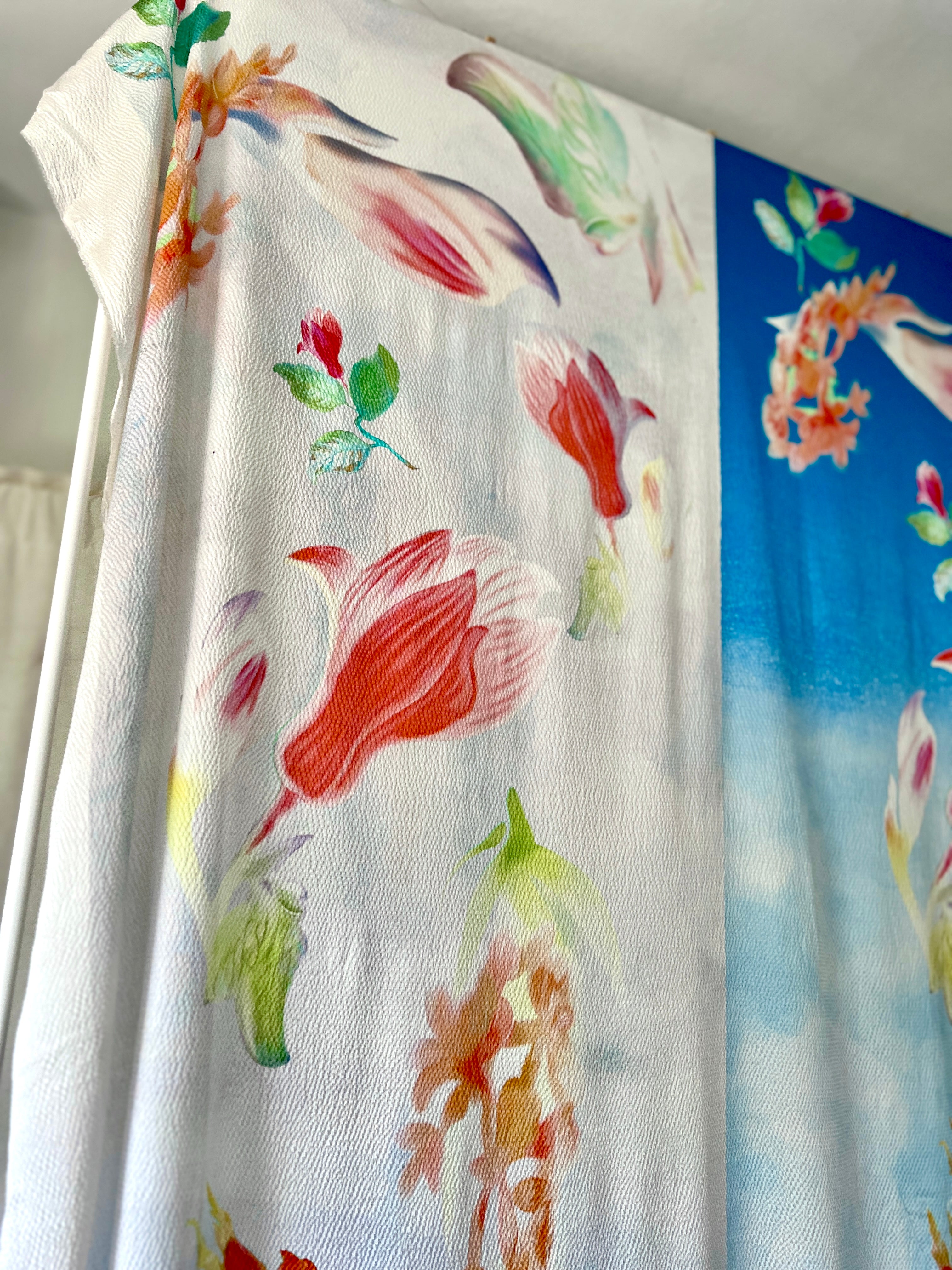 96% Silk Crinkle Fabric — Watercolour Floral Print — Italian Luxury Mill Fabric — Sky Blue & White