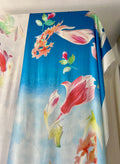 96% Silk Crinkle Fabric — Watercolour Floral Print — Italian Luxury Mill Fabric — Sky Blue & White
