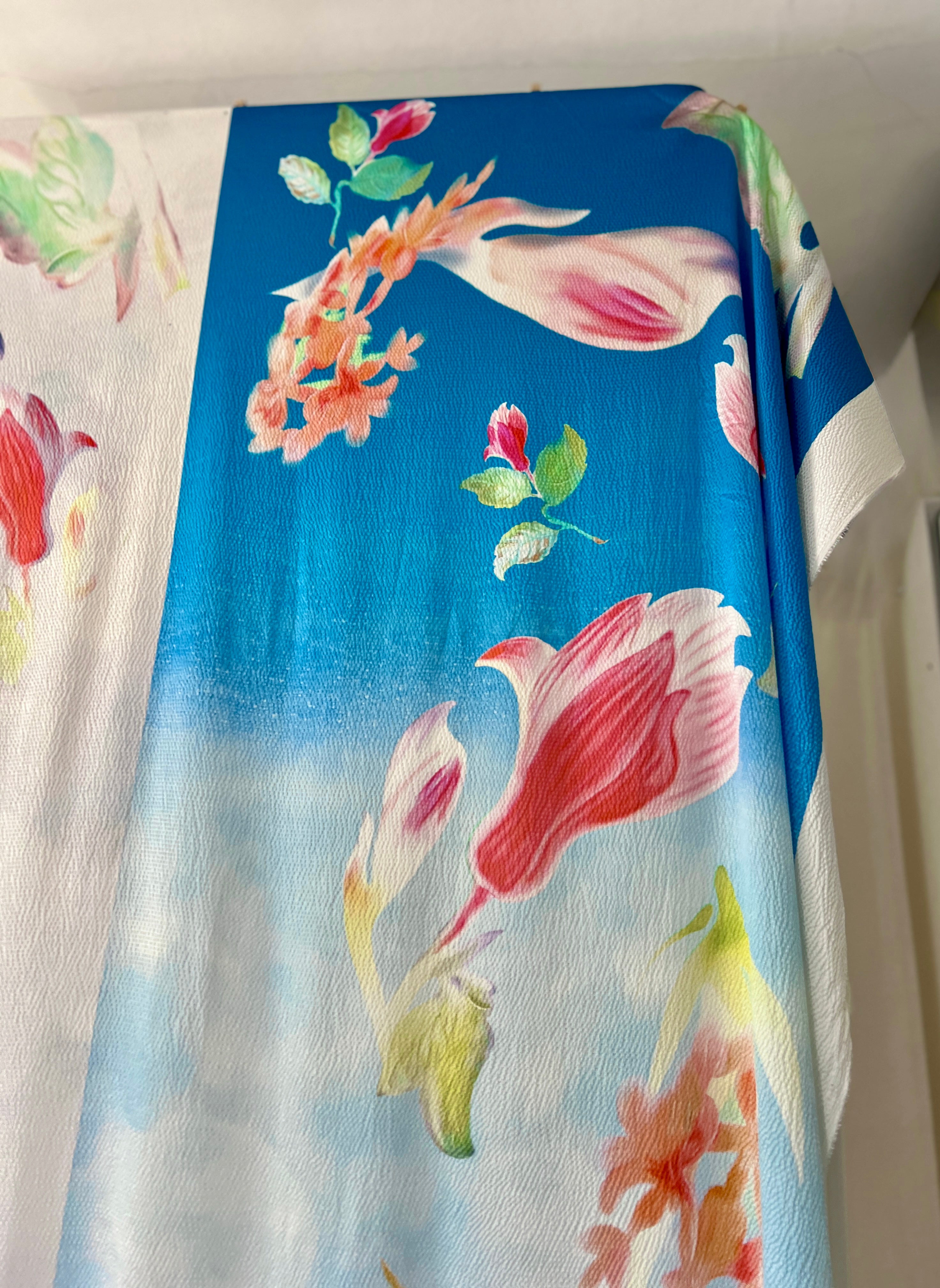 96% Silk Crinkle Fabric — Watercolour Floral Print — Italian Luxury Mill Fabric — Sky Blue & White
