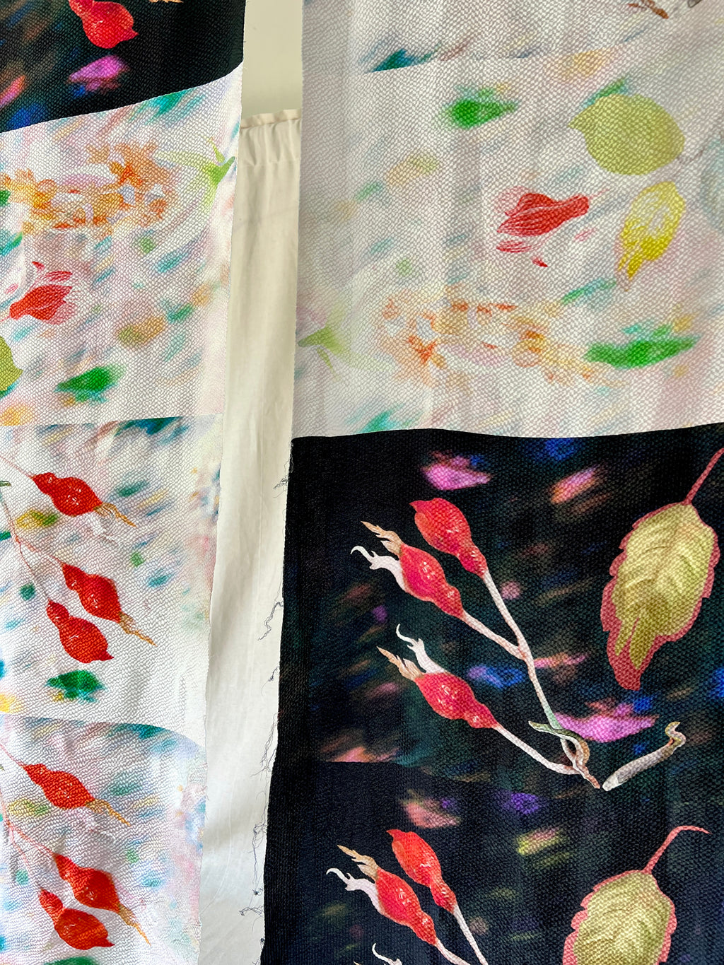 96% Silk Designer Fabric — Rosehip Botanical Print — Light & Dark — Matched Pair — Two Cuts