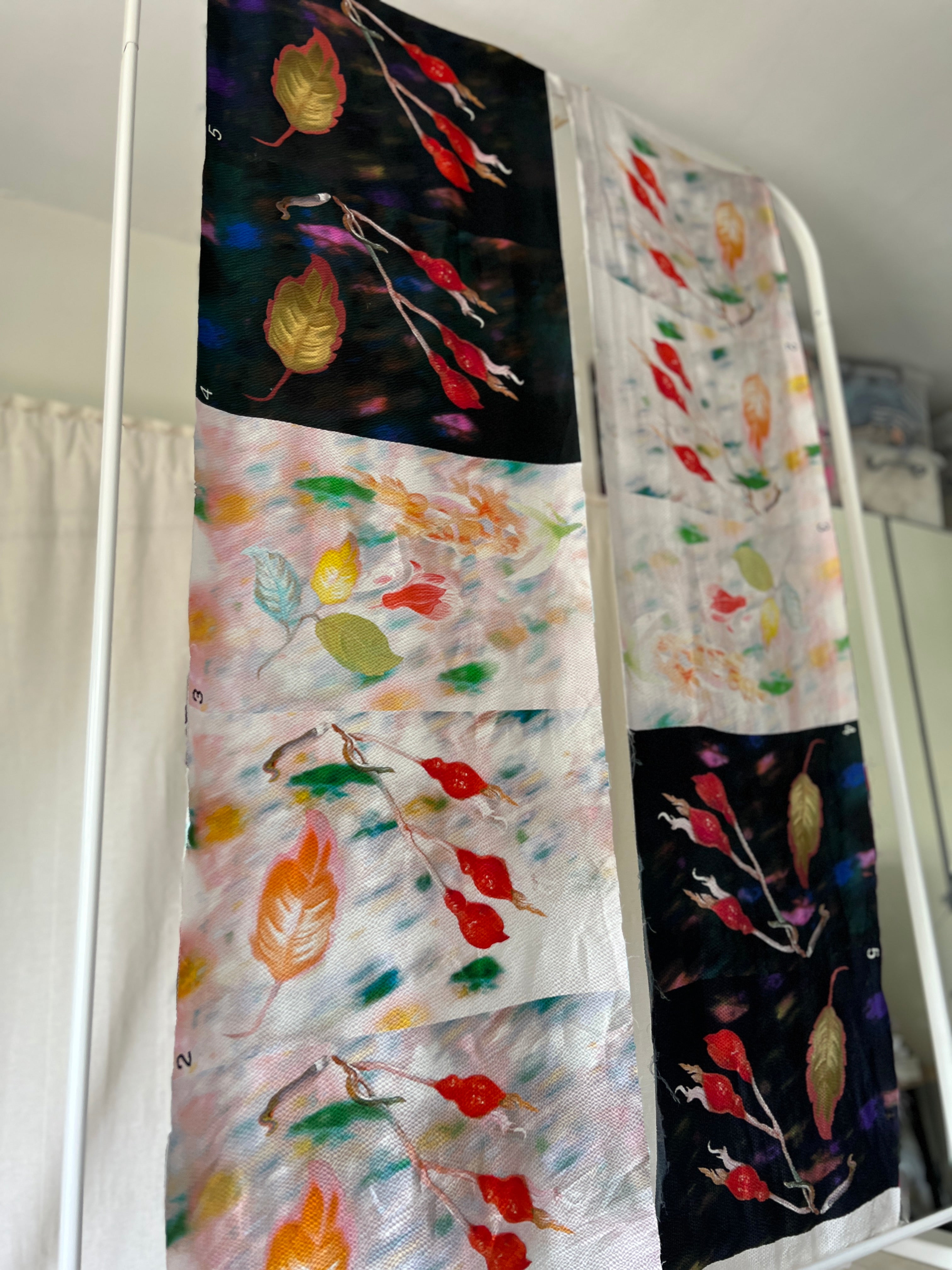 96% Silk Designer Fabric — Rosehip Botanical Print — Light & Dark — Matched Pair — Two Cuts
