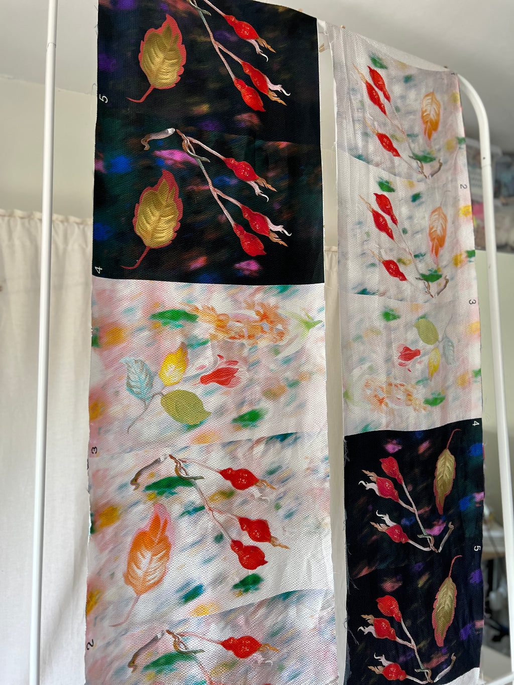 96% Silk Designer Fabric — Rosehip Botanical Print — Light & Dark — Matched Pair — Two Cuts