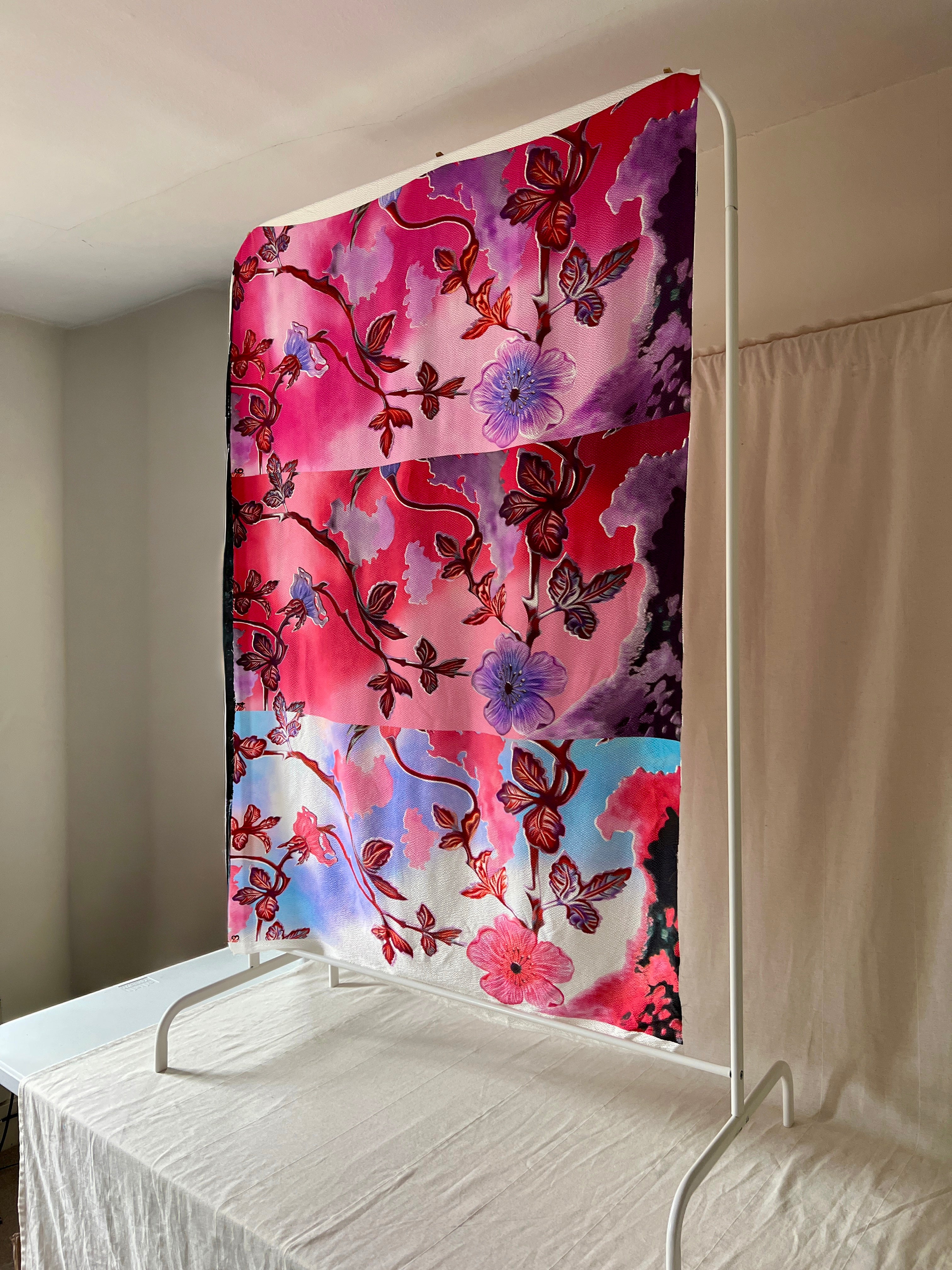 96% Silk Crinkle Fabric — Botanical Maximalist Print — Magenta, Violet & Lavender — Designer Fabric