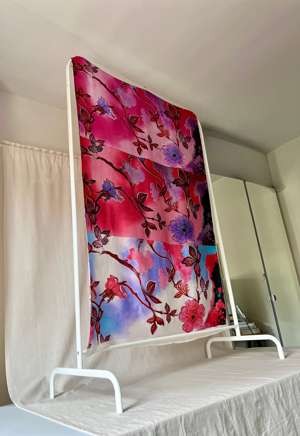 96% Silk Crinkle Fabric — Botanical Maximalist Print — Magenta, Violet & Lavender — Designer Fabric