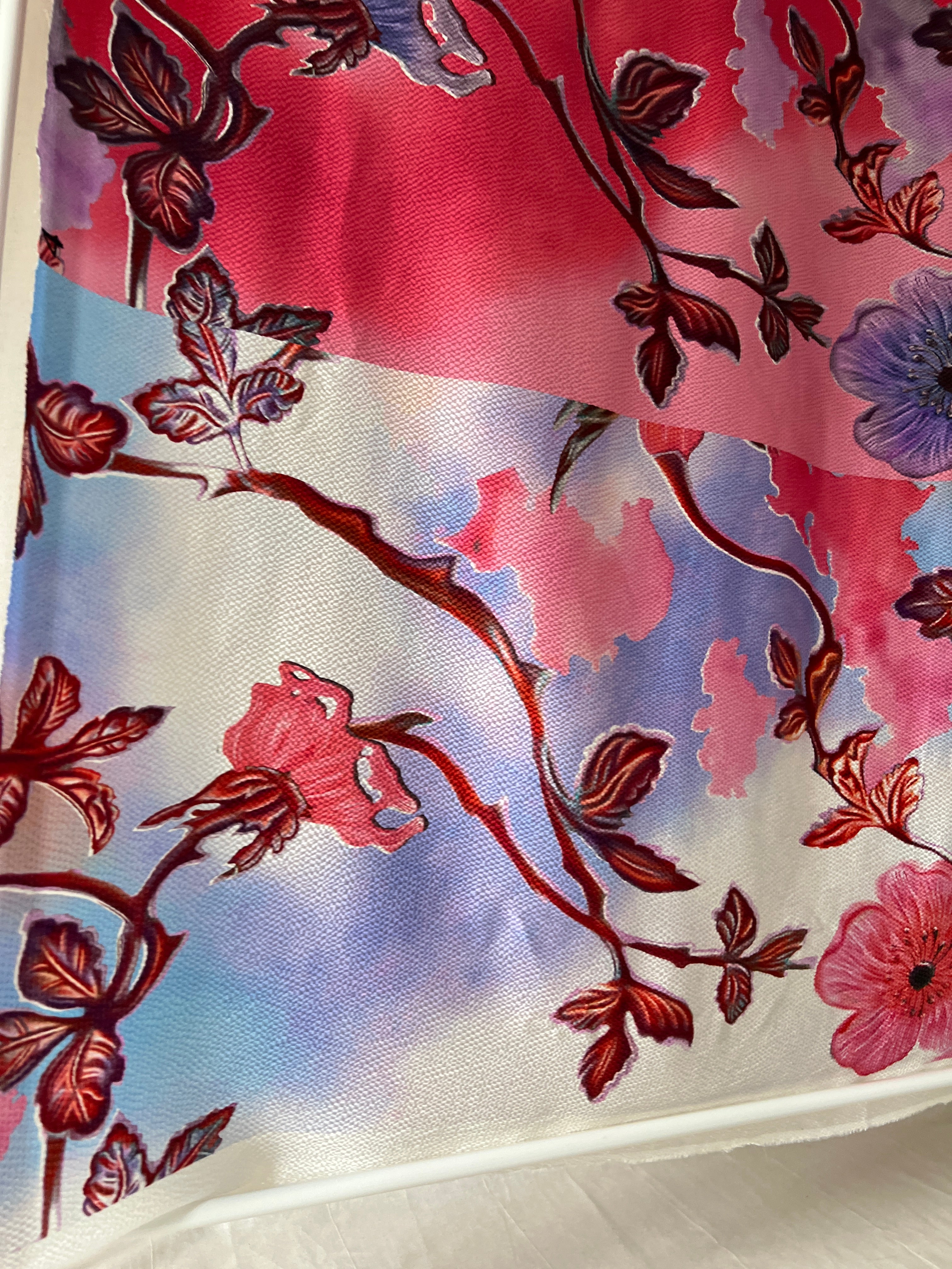 96% Silk Crinkle Fabric — Botanical Maximalist Print — Magenta, Violet & Lavender — Designer Fabric