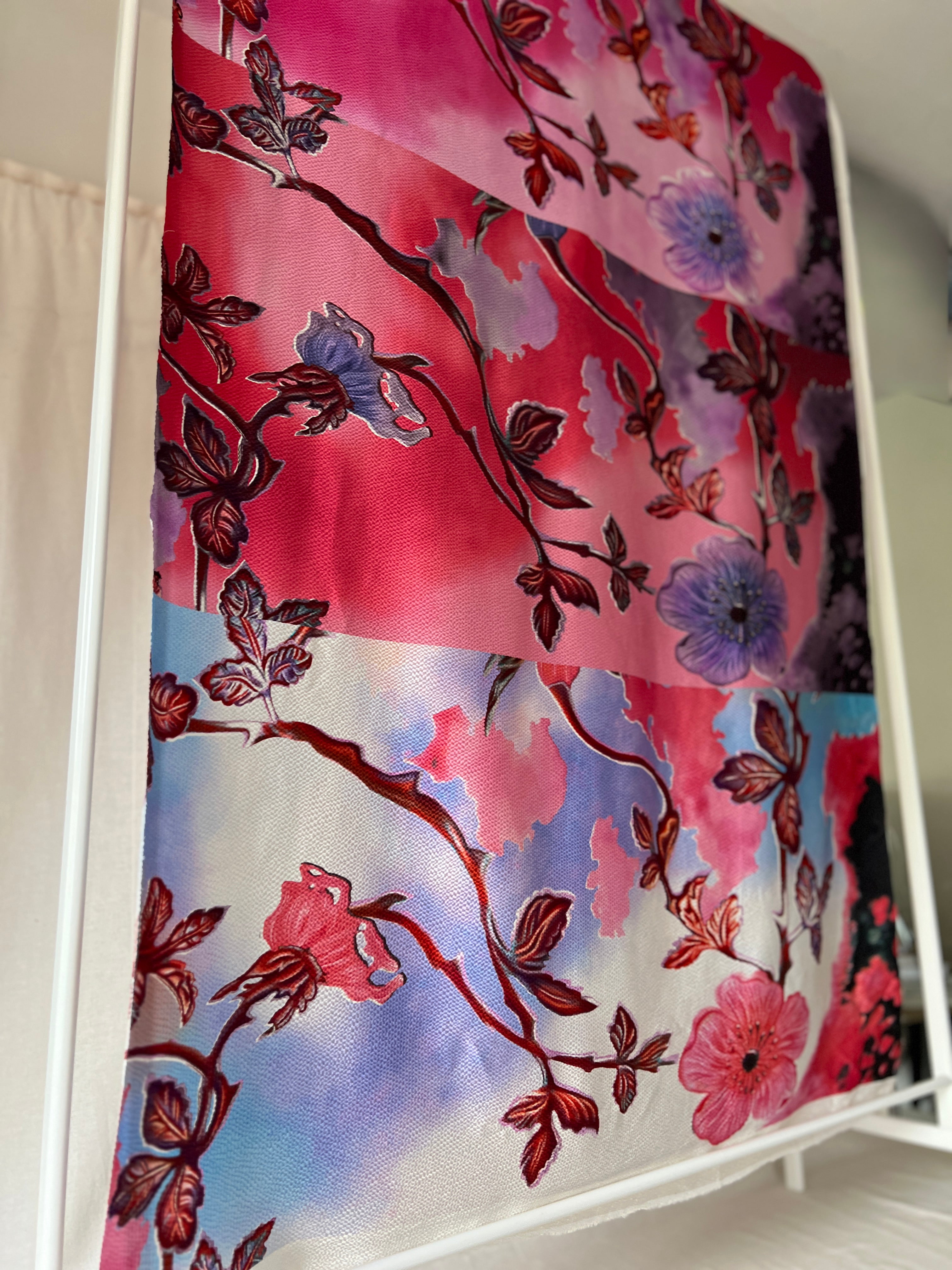 96% Silk Crinkle Fabric — Botanical Maximalist Print — Magenta, Violet & Lavender — Designer Fabric
