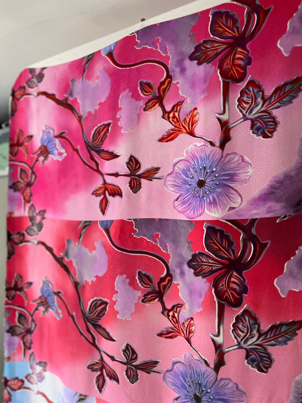 96% Silk Crinkle Fabric — Botanical Maximalist Print — Magenta, Violet & Lavender — Designer Fabric