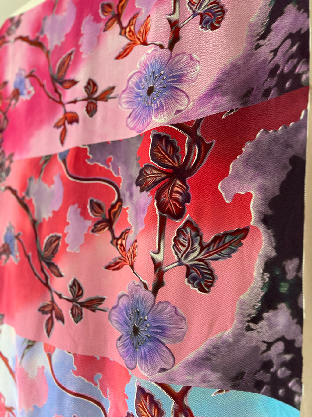 96% Silk Crinkle Fabric — Botanical Maximalist Print — Magenta, Violet & Lavender — Designer Fabric