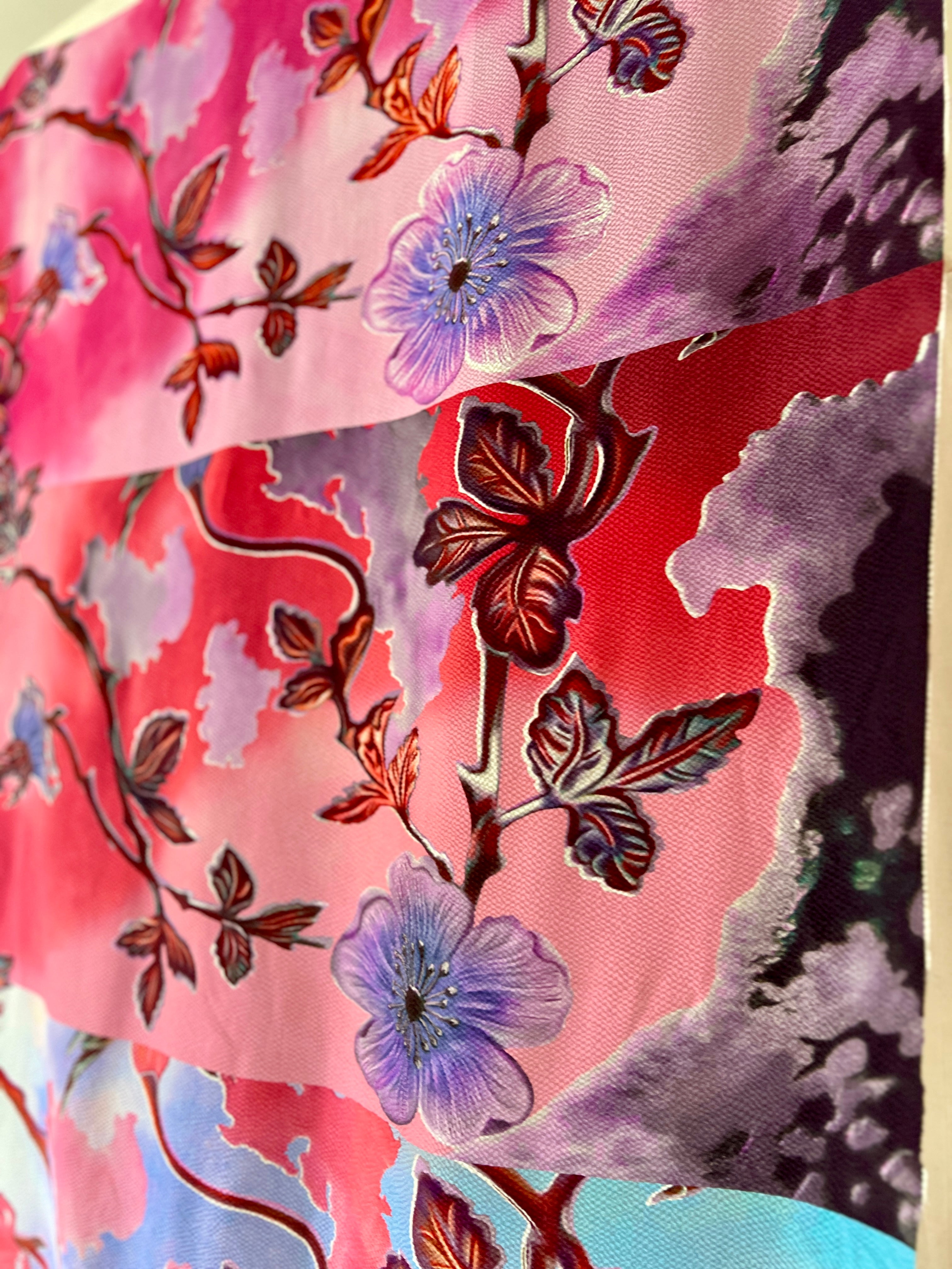 96% Silk Crinkle Fabric — Botanical Maximalist Print — Magenta, Violet & Lavender — Designer Fabric