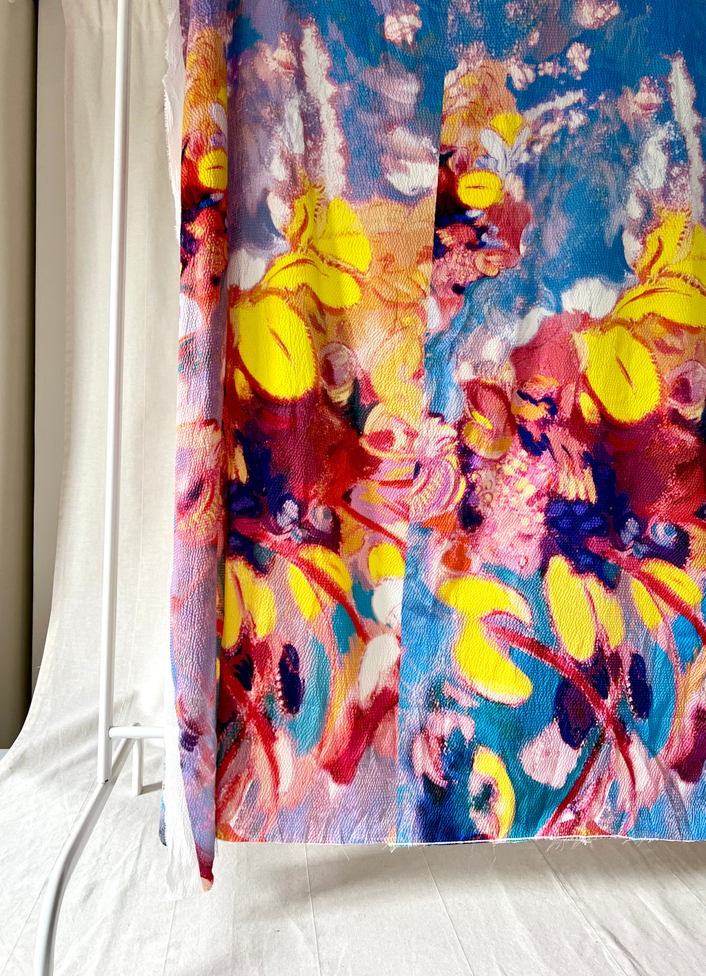 96% Silk Designer Fabric — Impressionist Botanical Print — Yellow, Lavender & Sky Blue