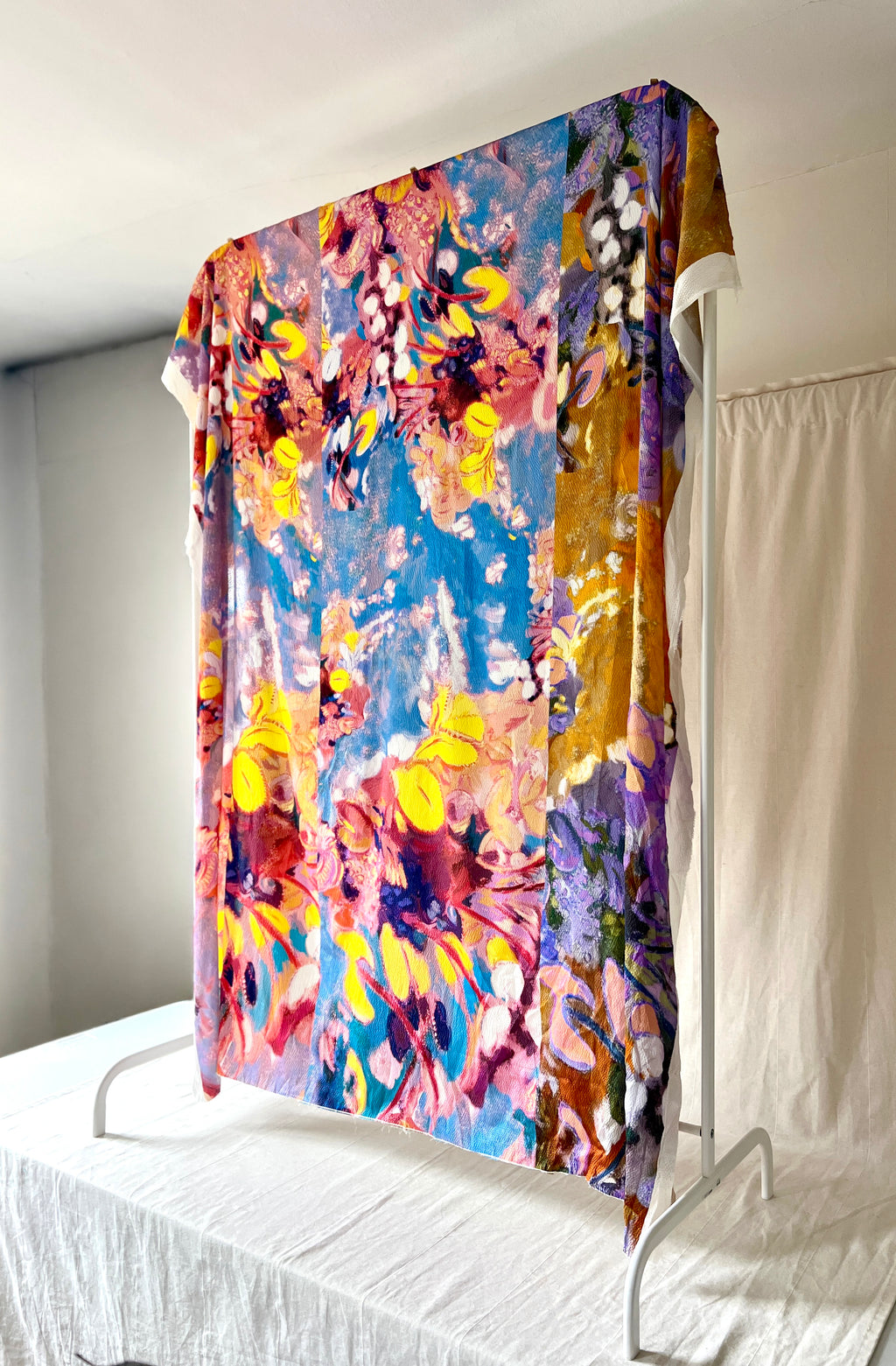 96% Silk Designer Fabric — Impressionist Botanical Print — Yellow, Lavender & Sky Blue
