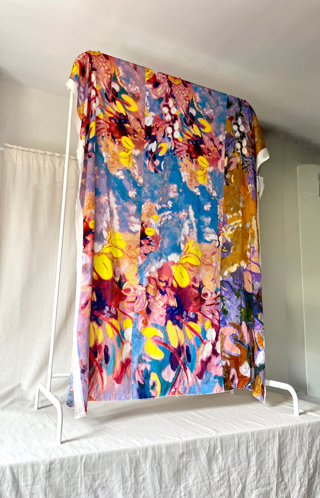 96% Silk Designer Fabric — Impressionist Botanical Print — Yellow, Lavender & Sky Blue