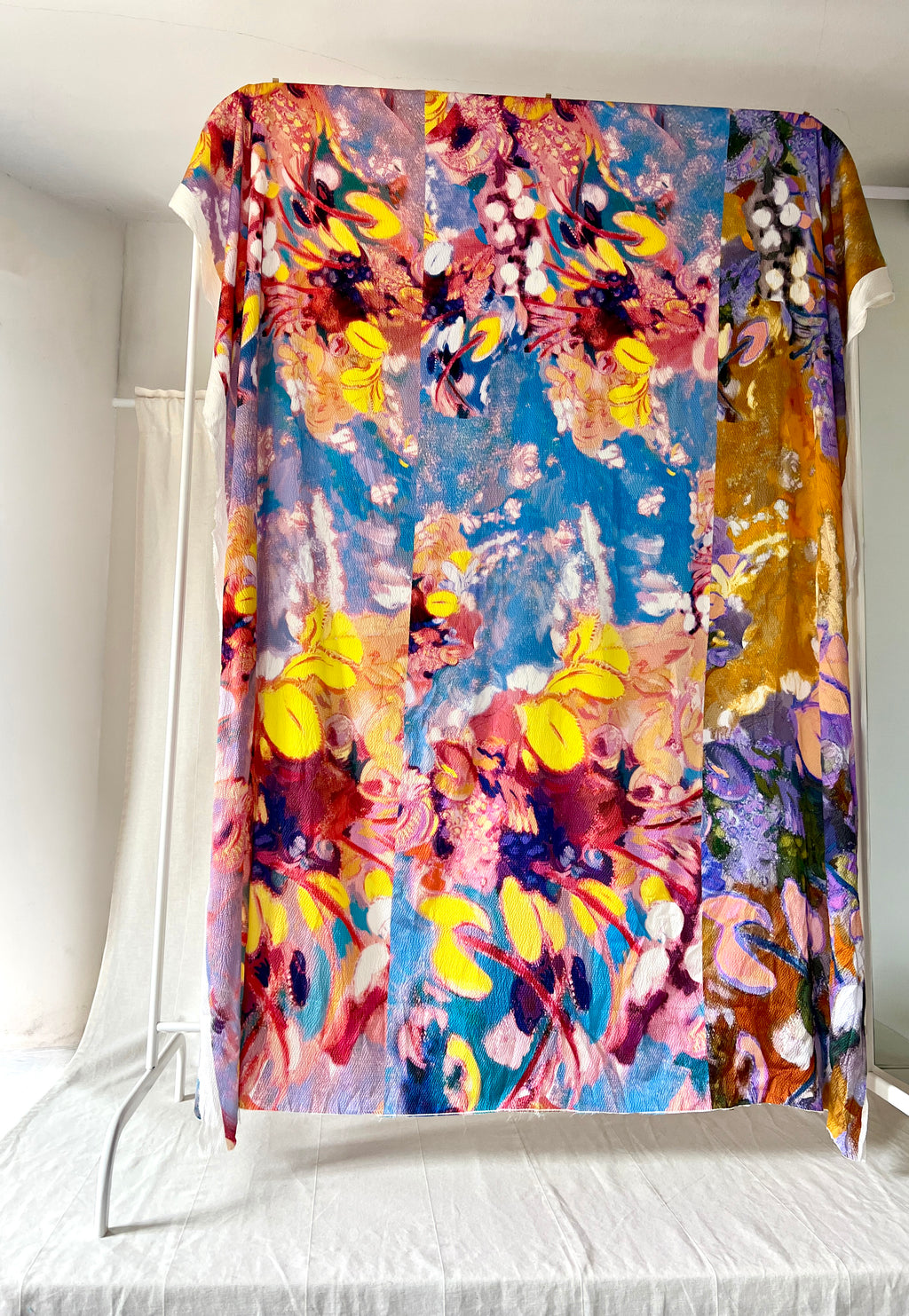 96% Silk Designer Fabric — Impressionist Botanical Print — Yellow, Lavender & Sky Blue