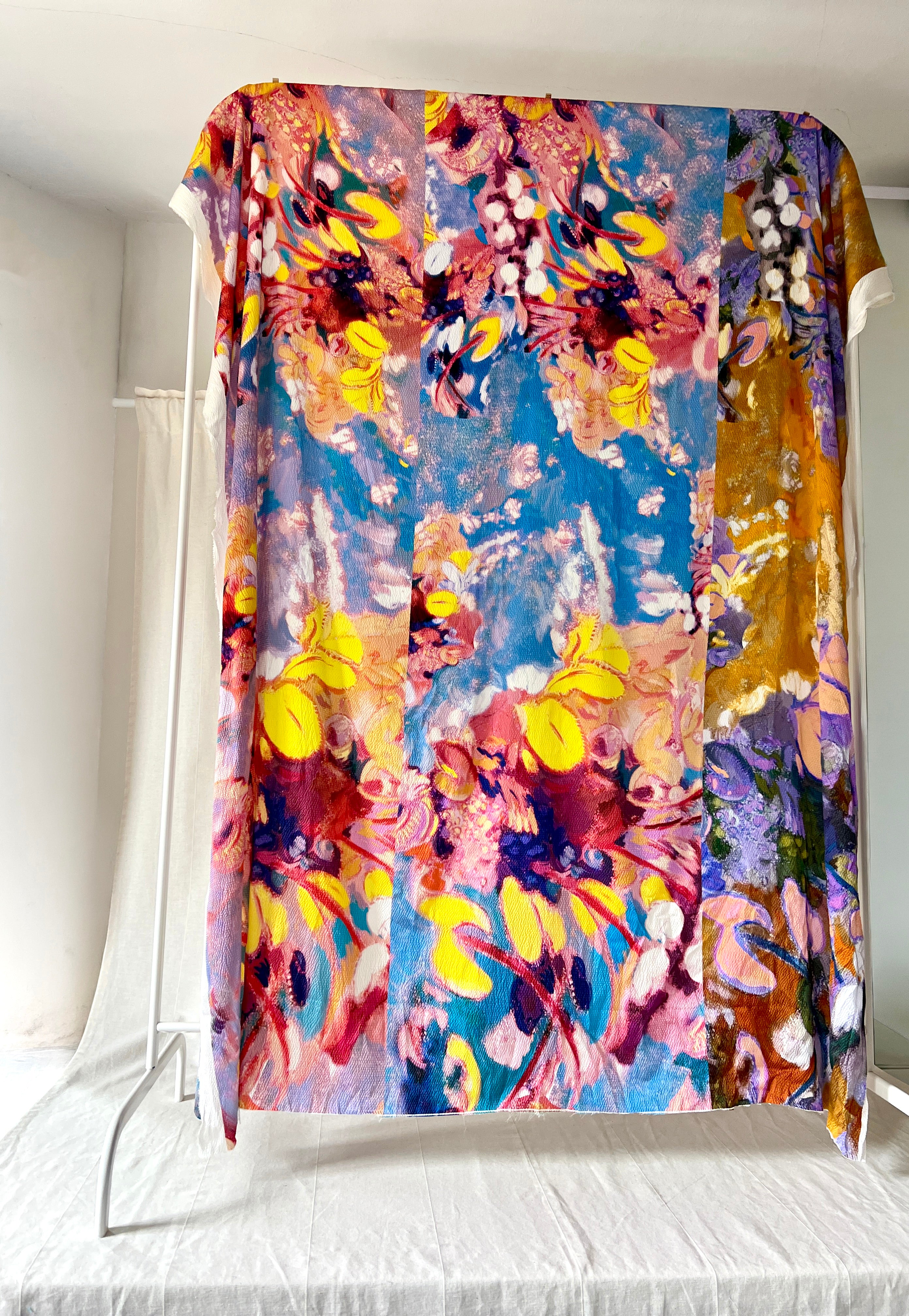 96% Silk Designer Fabric — Impressionist Botanical Print — Yellow, Lavender & Sky Blue
