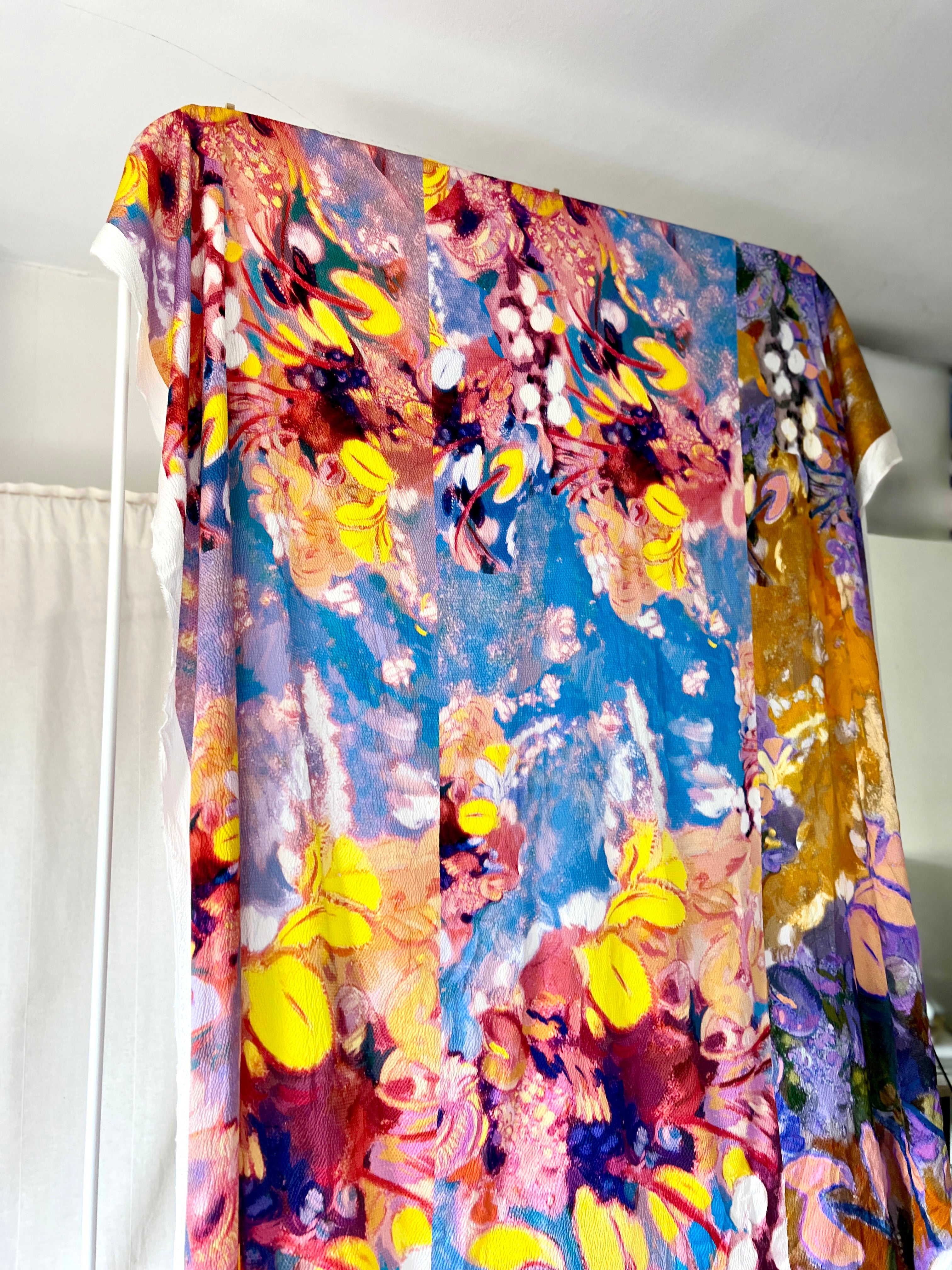 96% Silk Designer Fabric — Impressionist Botanical Print — Yellow, Lavender & Sky Blue