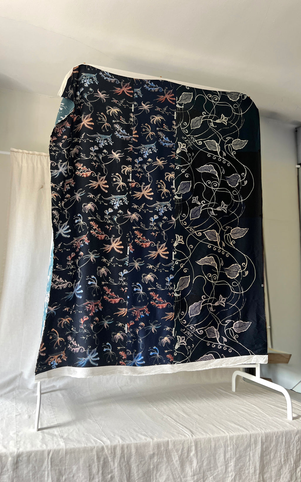 96% Silk Designer Fabric — Dark Botanical Line Print — Midnight Navy — One Off Cut