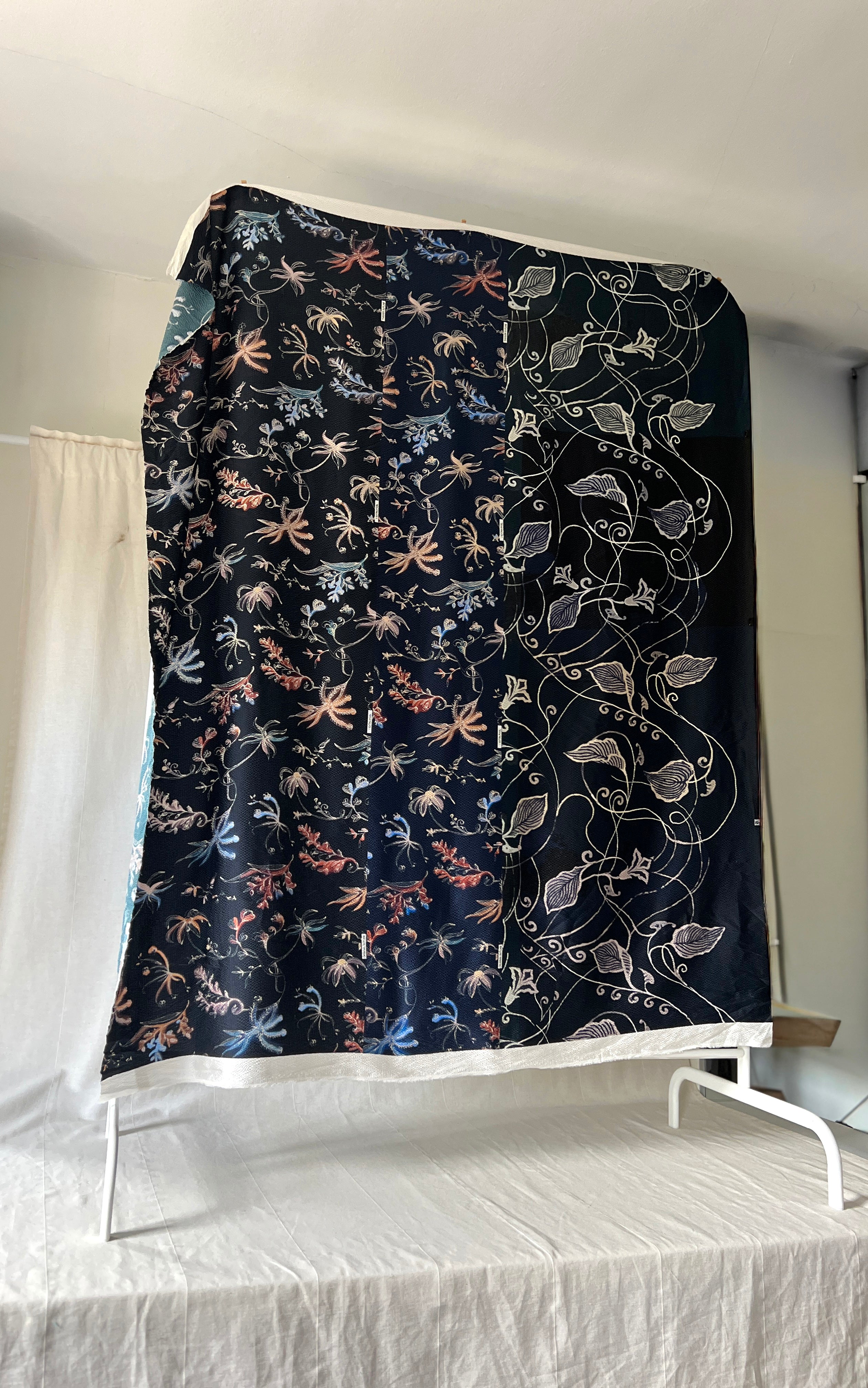 96% Silk Designer Fabric — Dark Botanical Line Print — Midnight Navy — One Off Cut