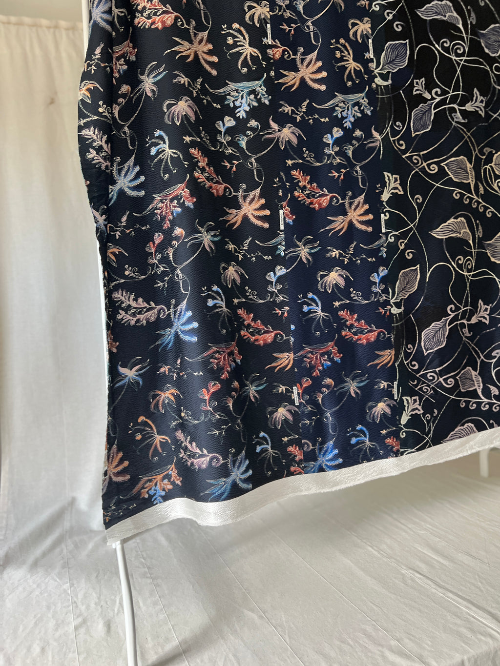 96% Silk Designer Fabric — Dark Botanical Line Print — Midnight Navy — One Off Cut
