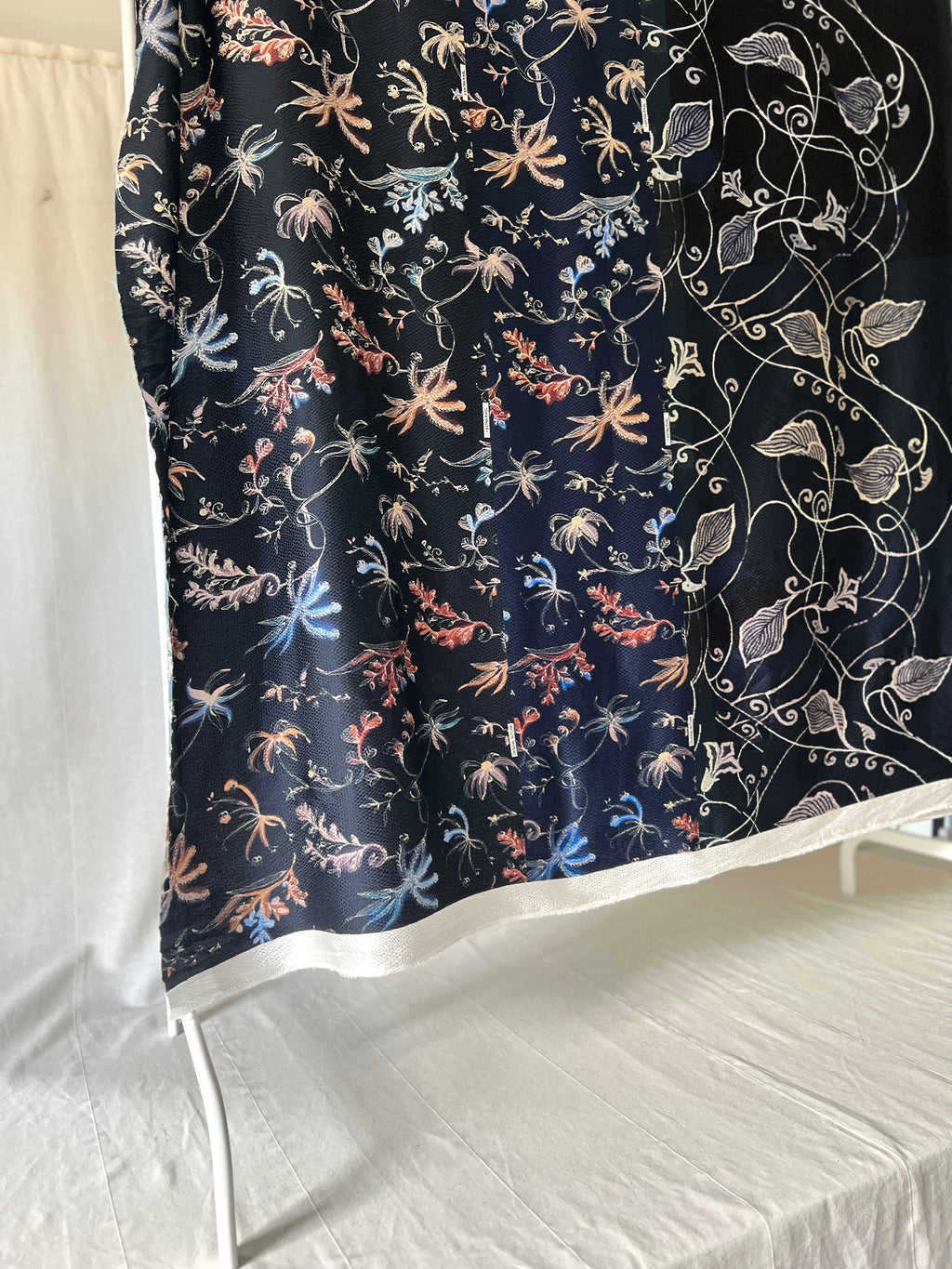 96% Silk Designer Fabric — Dark Botanical Line Print — Midnight Navy — One Off Cut