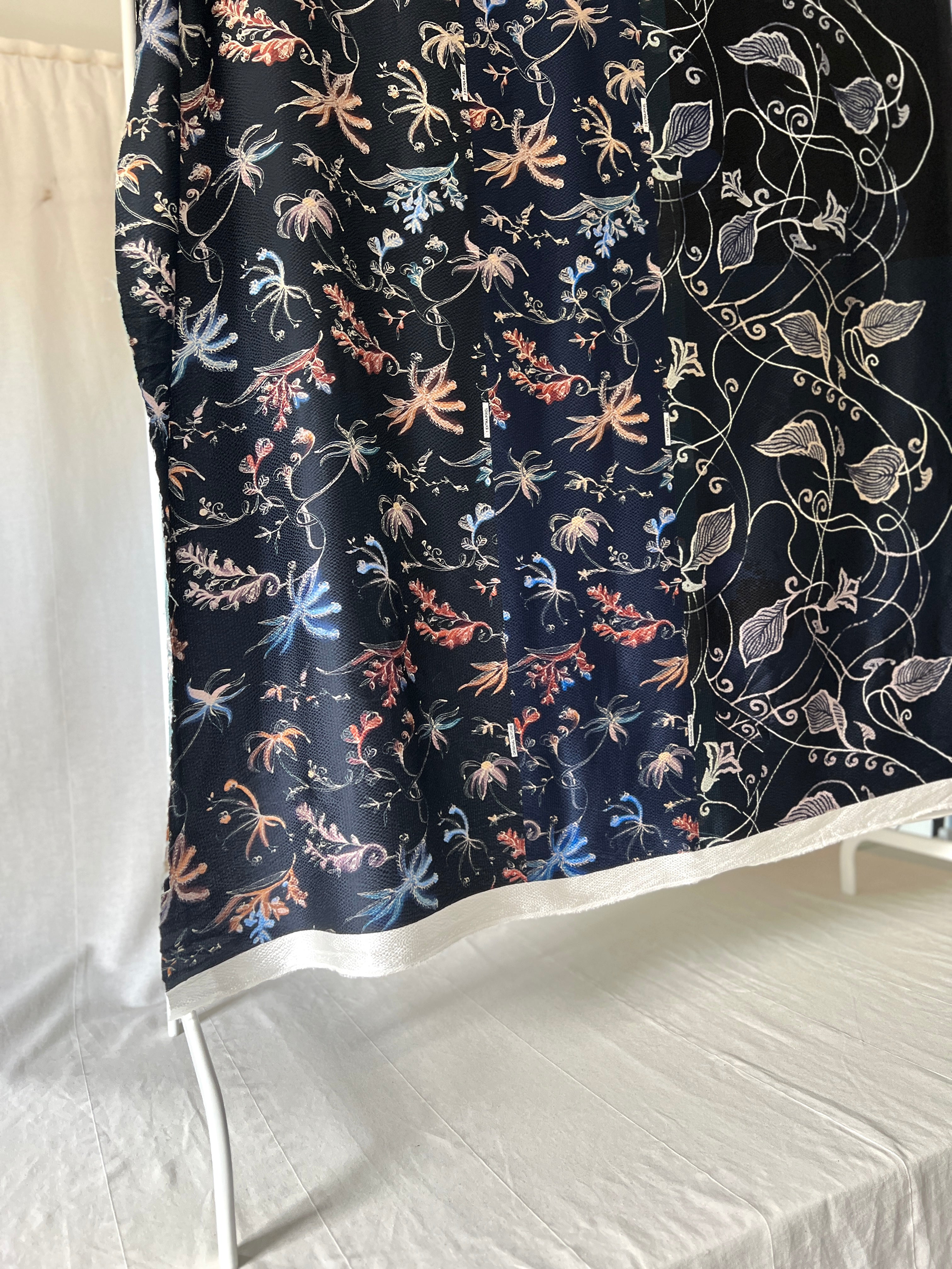 96% Silk Designer Fabric — Dark Botanical Line Print — Midnight Navy — One Off Cut