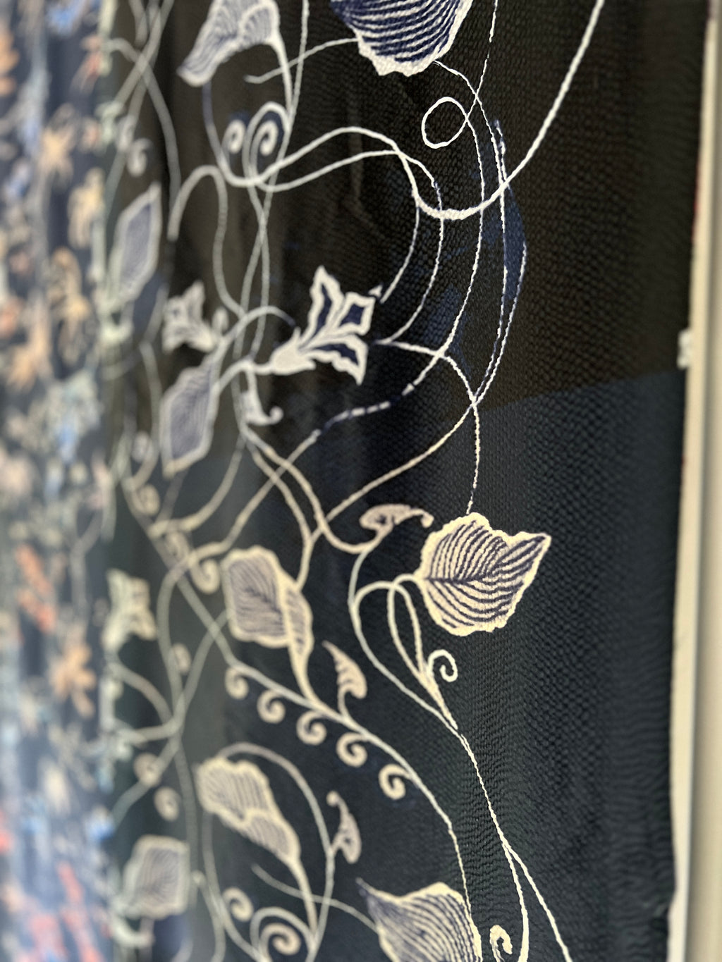 96% Silk Designer Fabric — Dark Botanical Line Print — Midnight Navy — One Off Cut